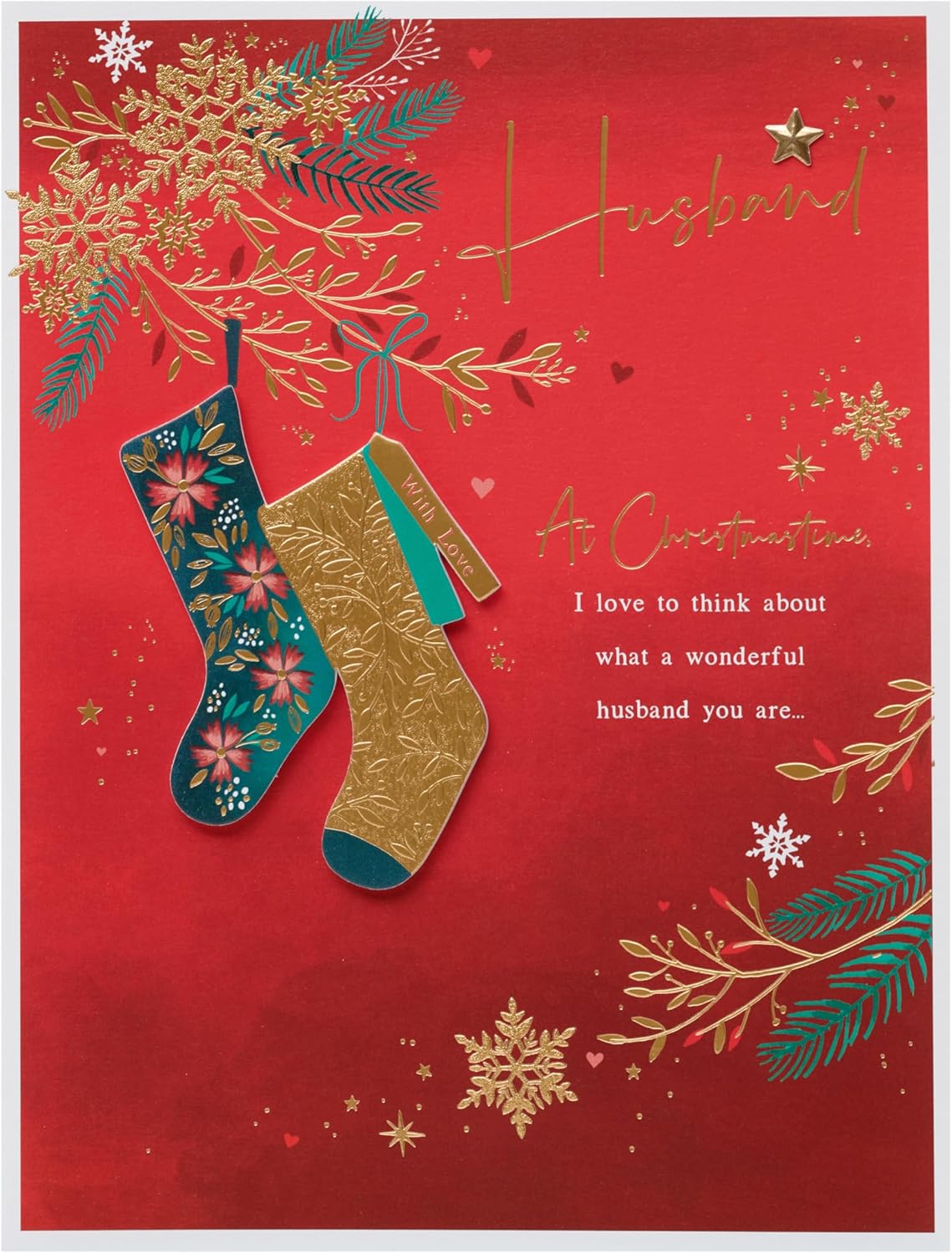 UK Greetings Christmas Card for Husband Deep Red & Gold Design