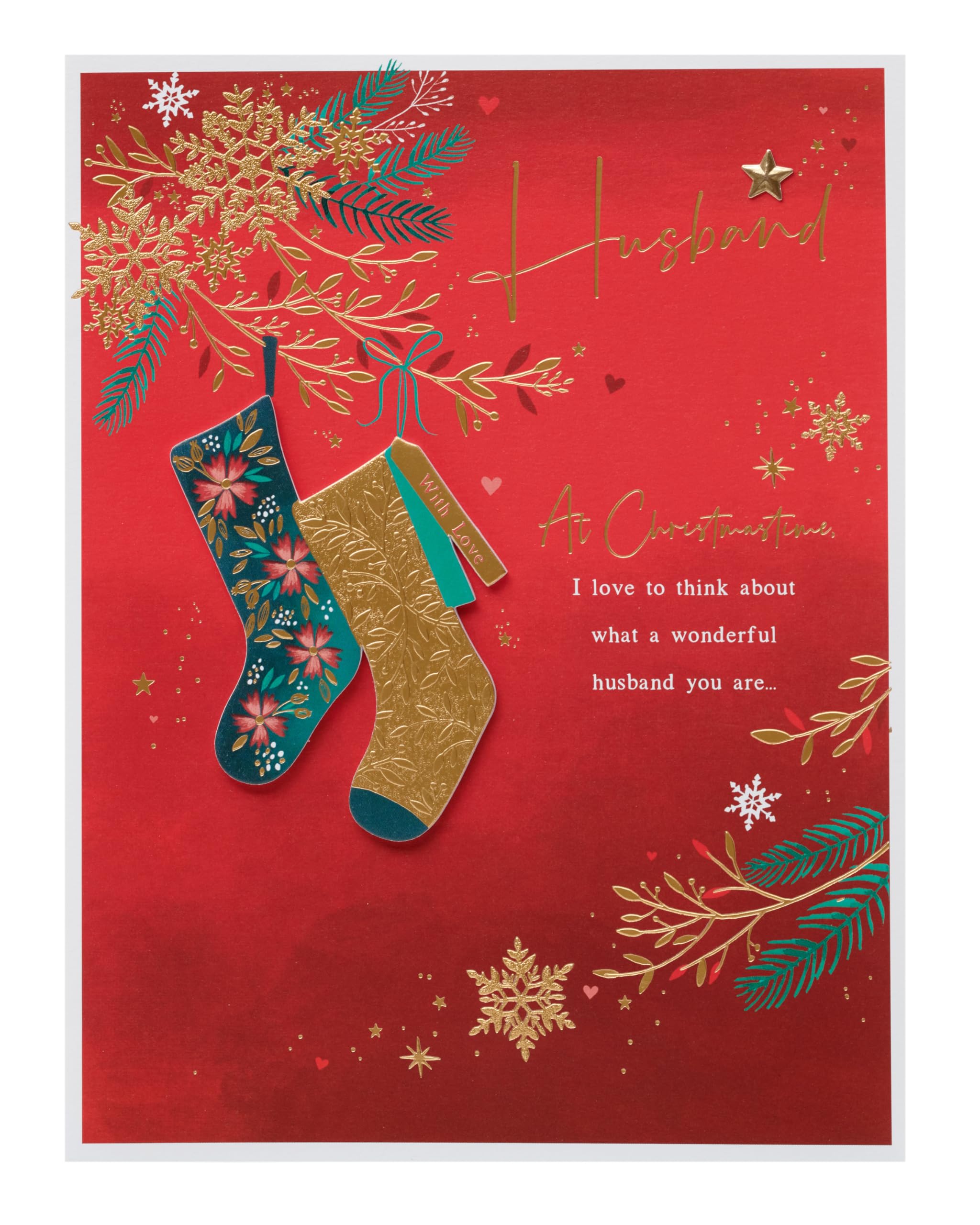 UK Greetings Christmas Card for Husband - Deep Red & Gold Design, Multi, 210mm x 275mm