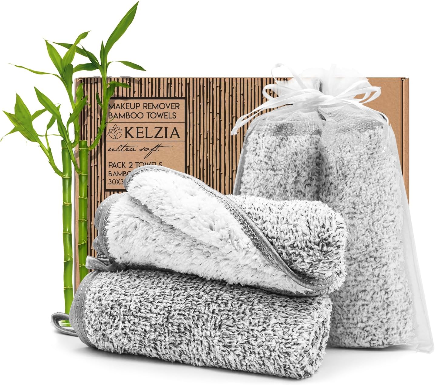Verpakking met 2 herbruikbare make-up-reinigingsdoekjes van bamboehoutskool en microvezel, zachte doeken voor alle huidtypes en gevoelige ogen, ideaal voor dagelijks gebruik en op reis