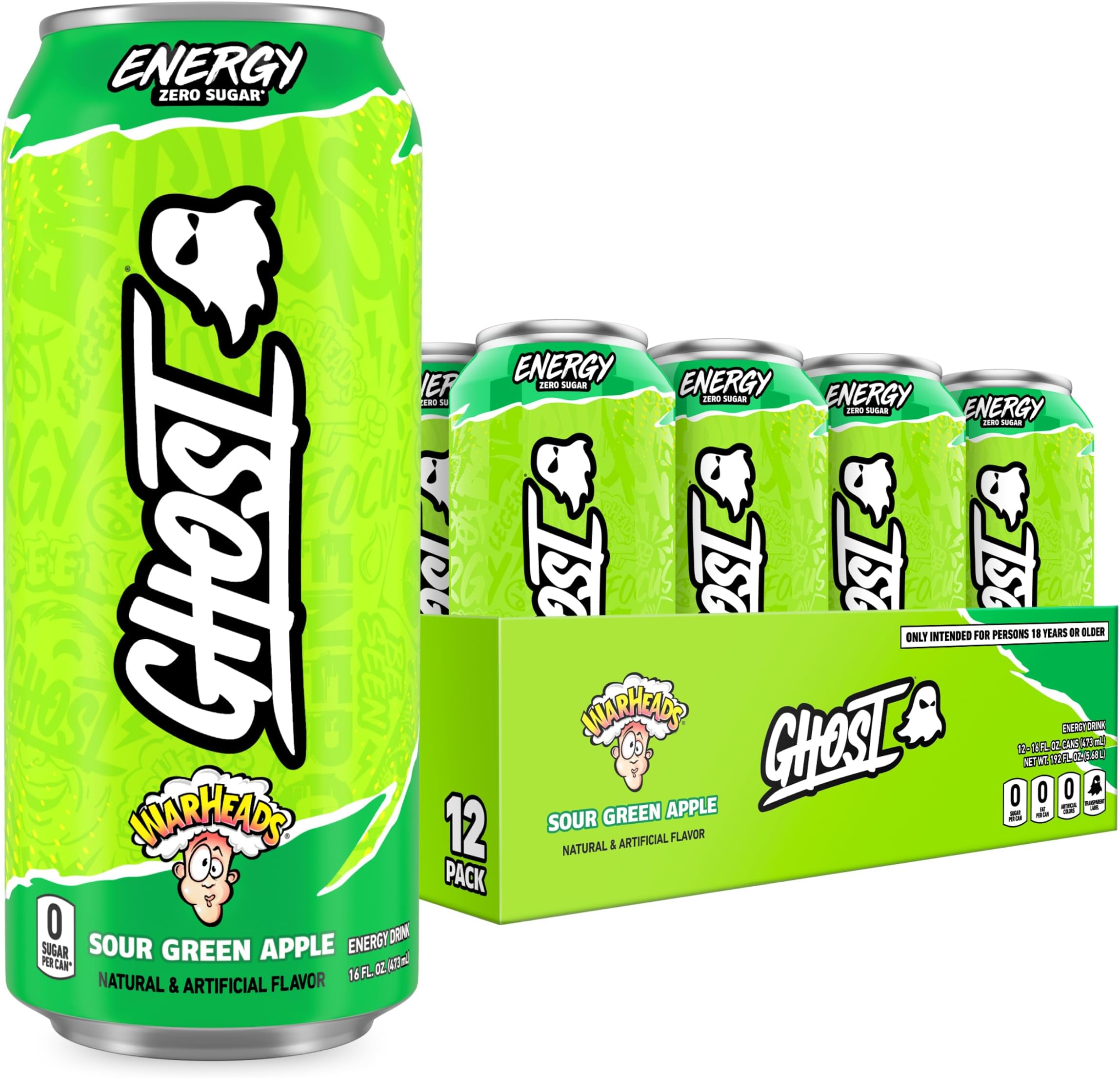 GHOST Energy Drink - 12-Pack, Warheads Sour Green Apple, 16oz - Energy & Focus & No Artificial Colors - 200mg of Natural Caffeine, L-Carnitine & Taurine - Gluten-Free & Vegan