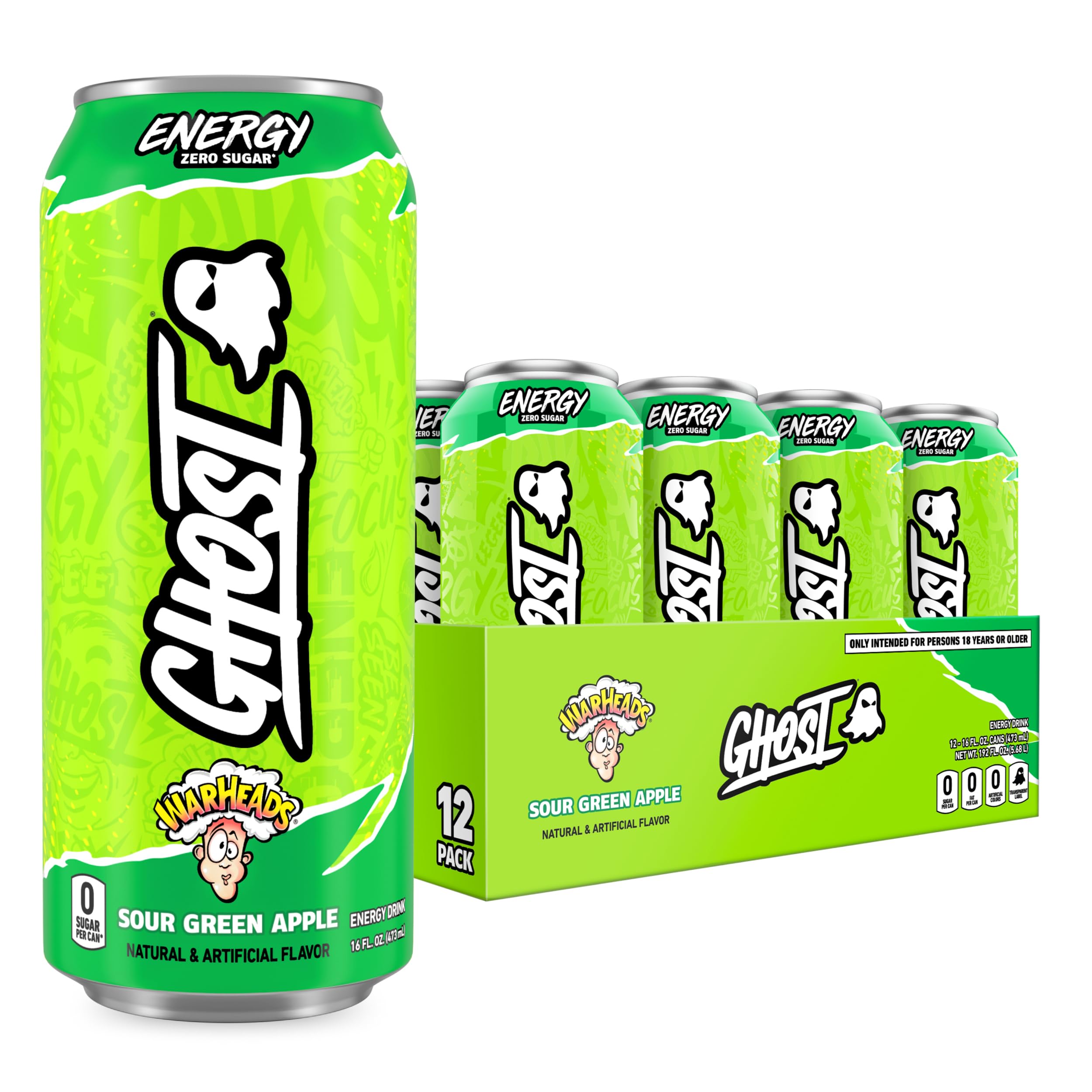 Energy Drink - 12-Pack, Warheads Sour Green Apple, 16oz - Energy & Focus & No Artificial Colors - 200mg of Natural Caffeine, L-Carnitine & Taurine - Gluten-Free & Vegan