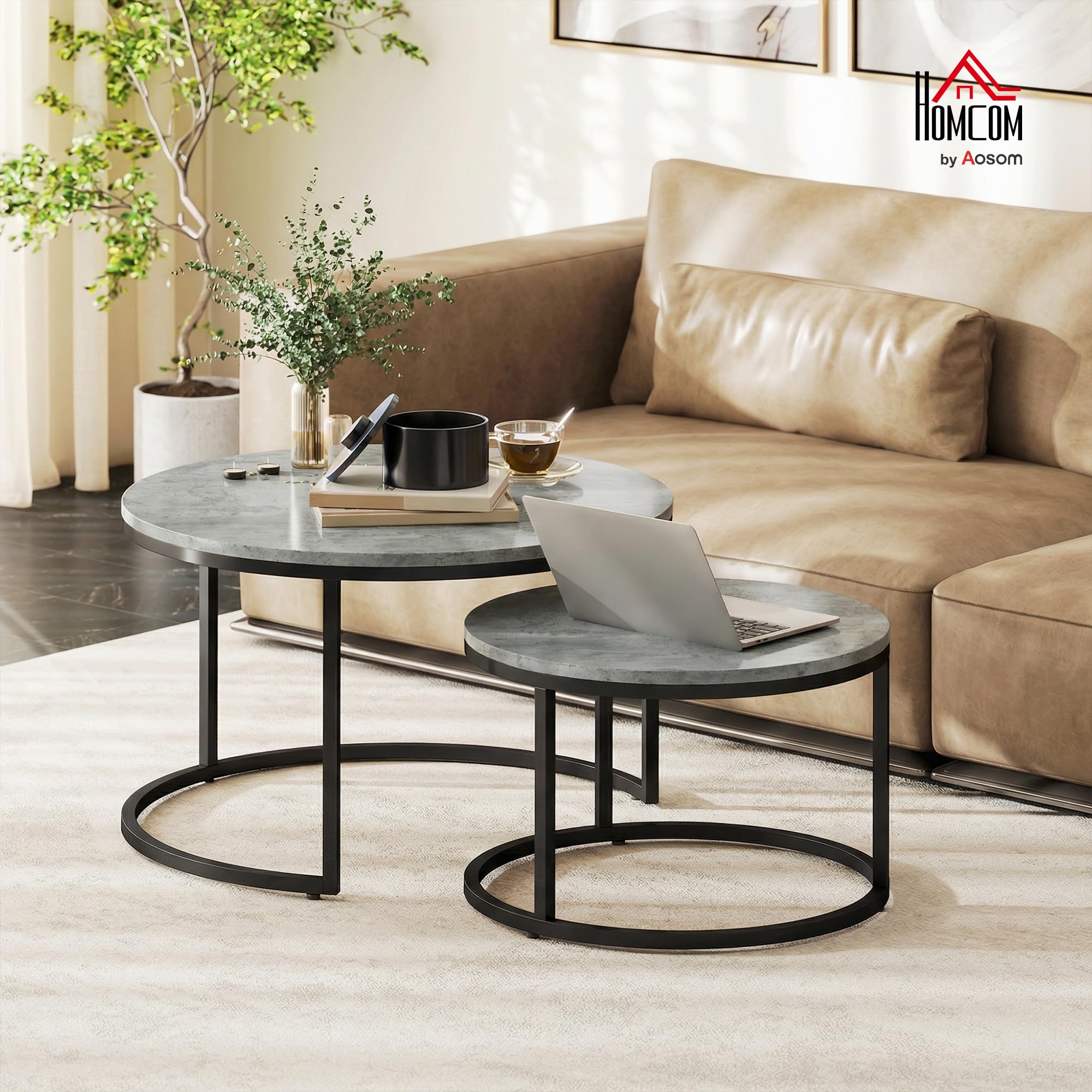 HOMCOM Stolik kawowy okrągły, zestaw 2 szt., możliwość układania w stos, 78,5 x 78,5 x 46,5 cm, szary | Stolik pomocniczy z metalową ramą, stół do salonu o wyglądzie cementu, stolik kawowy, stół do sypialni, salon, sypialnia