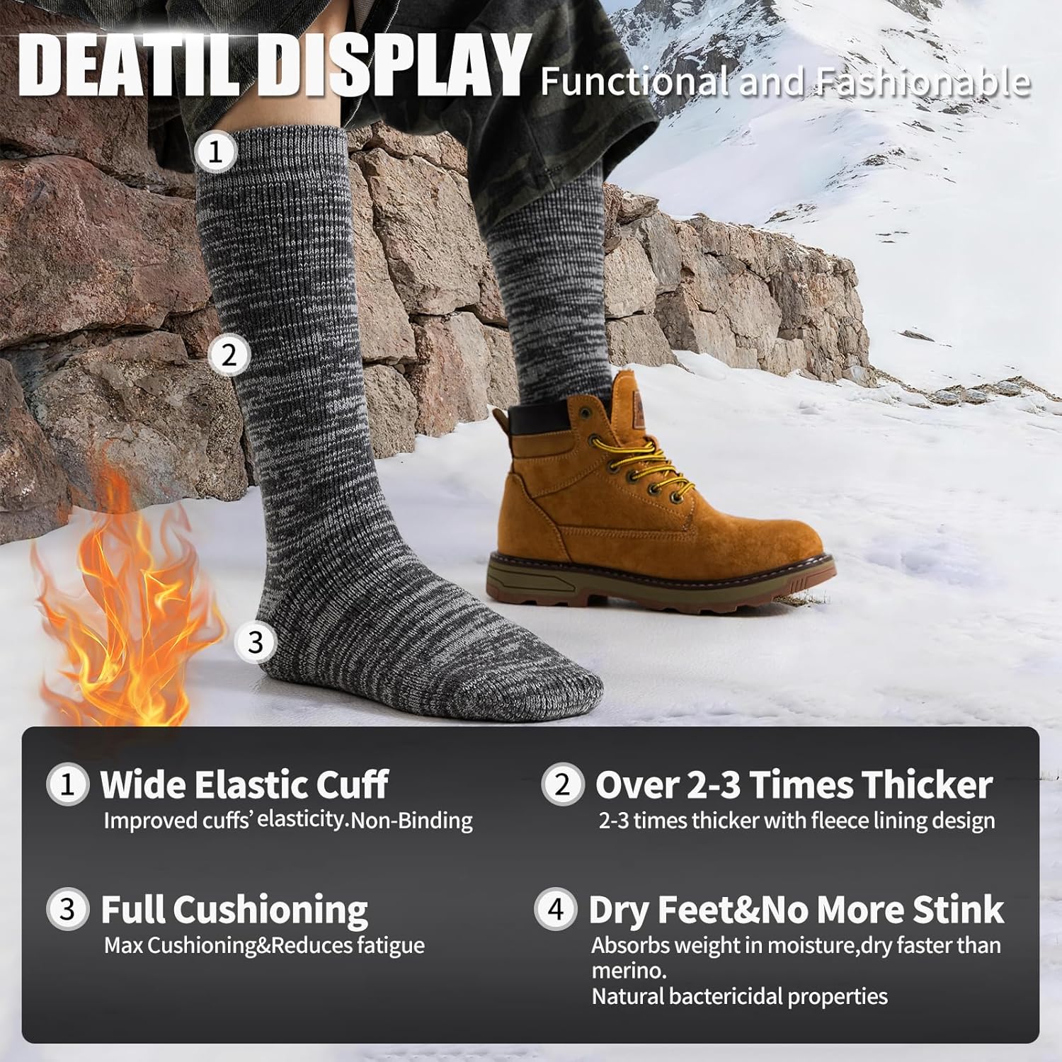 3 Pairs Alpaca Wool Boot Socks Men Women Thermal Warm Heavyweight Thick Socks Winter Hunting Hiking, Moisture Wicking - Image 4