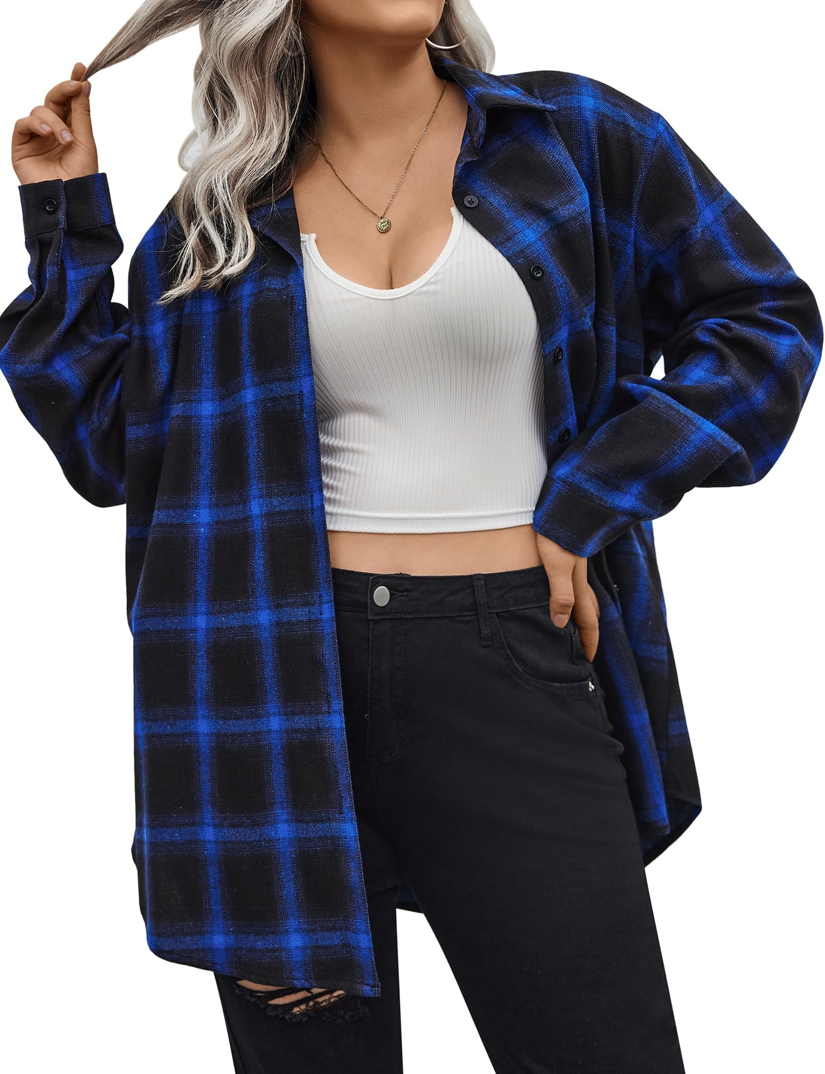 Womens Flannel Shirts Plus Size Plaid Button Down Long Sleeve Shirt Casual Boyfriend Oversized Shacket Work Tops