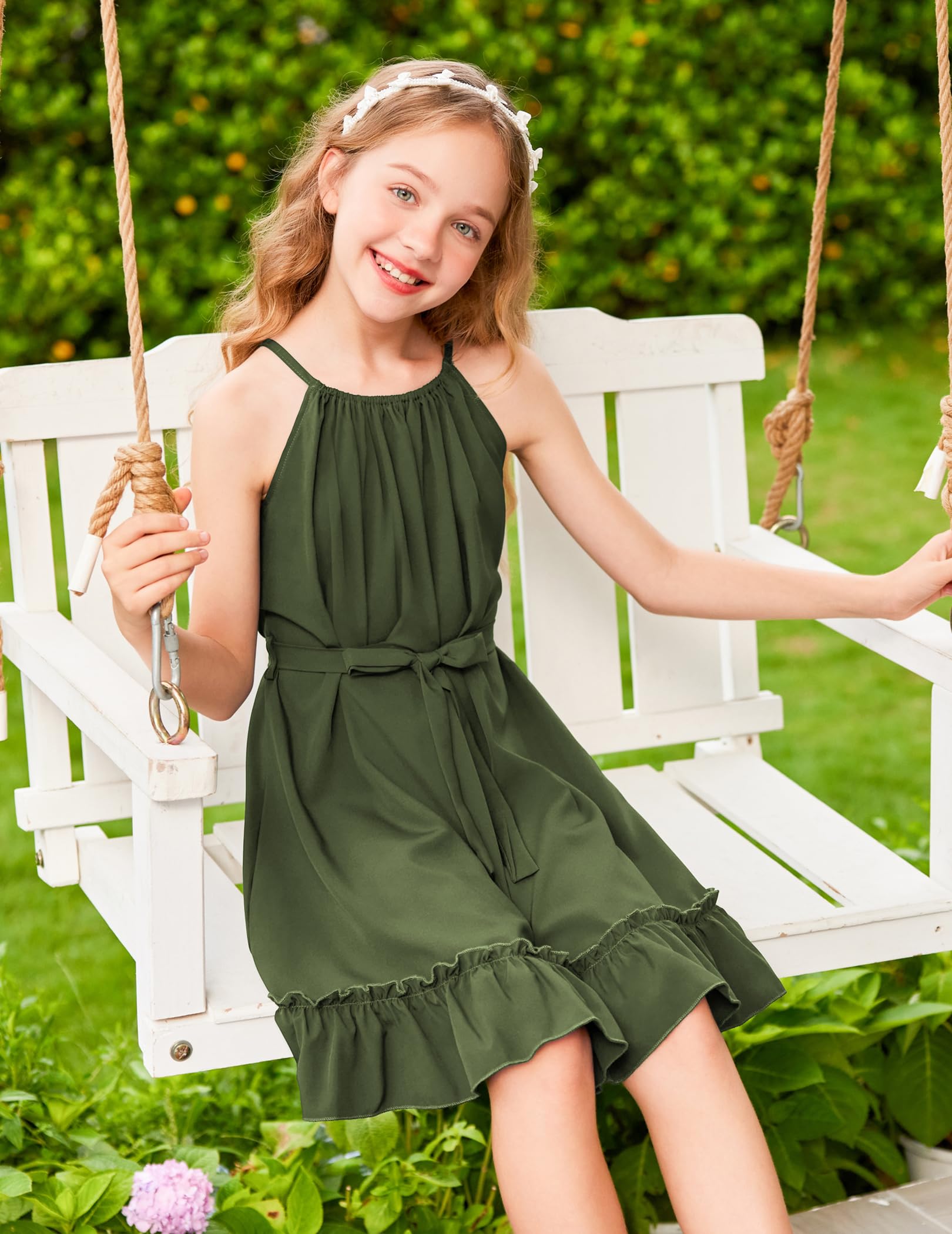 Arshiner Vestido para Niña Verano Midi Volantes Corte A Cuello Halter Fiesta con Cinturón 6-14 Años