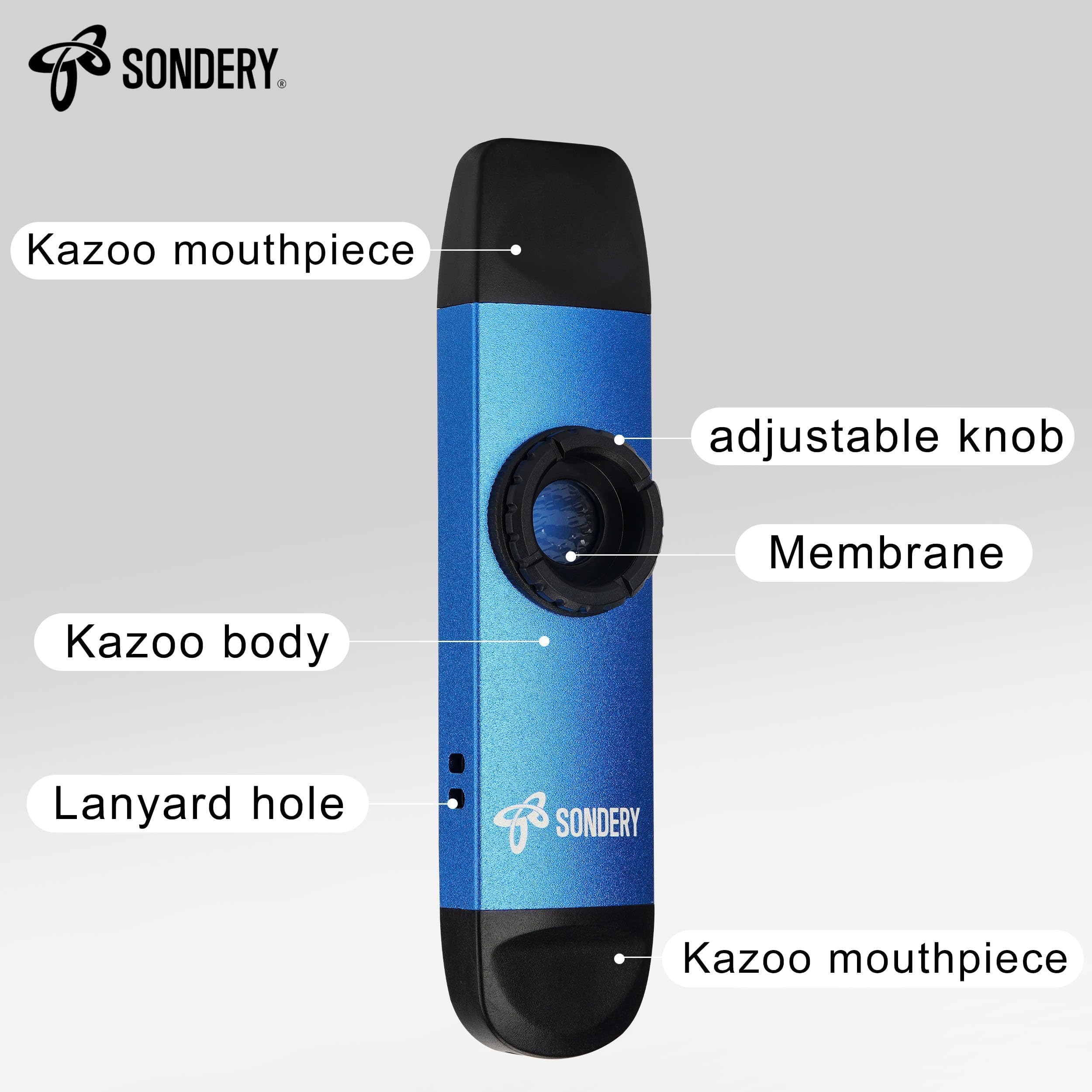 Sondery Kazoo professionnel en métal, kazoo à double tête avec cordon et 5 membranes pour tous les âges et occasions, bleu