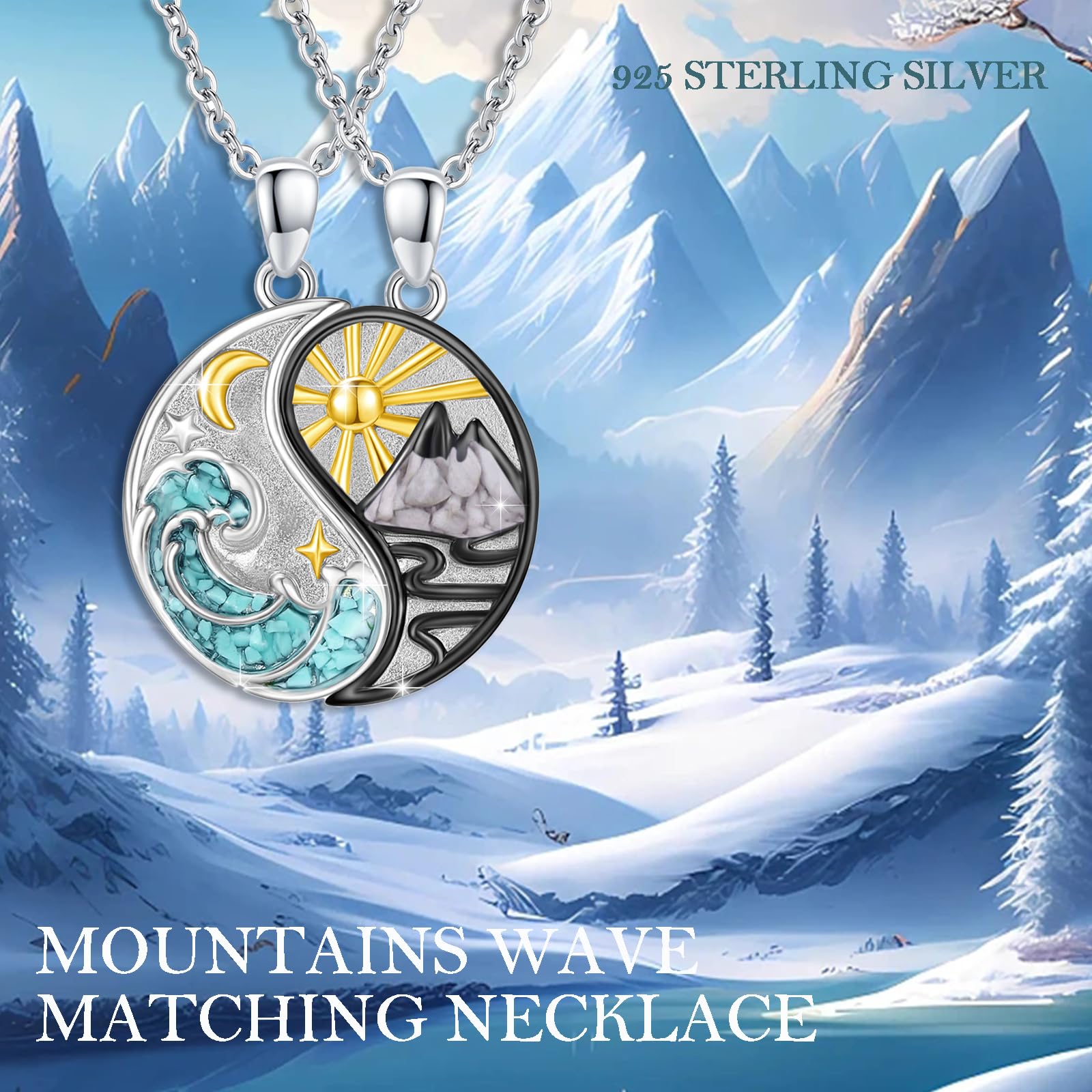REDSUN Yin Yang Halskette 925 Sterling Silber Berg Sonne Anhänger Halskette für Paar BFF Kette 2ps Freundschaftskette Schmuck Geschenke für Damen Herren Couple Tochter （Türkis2）