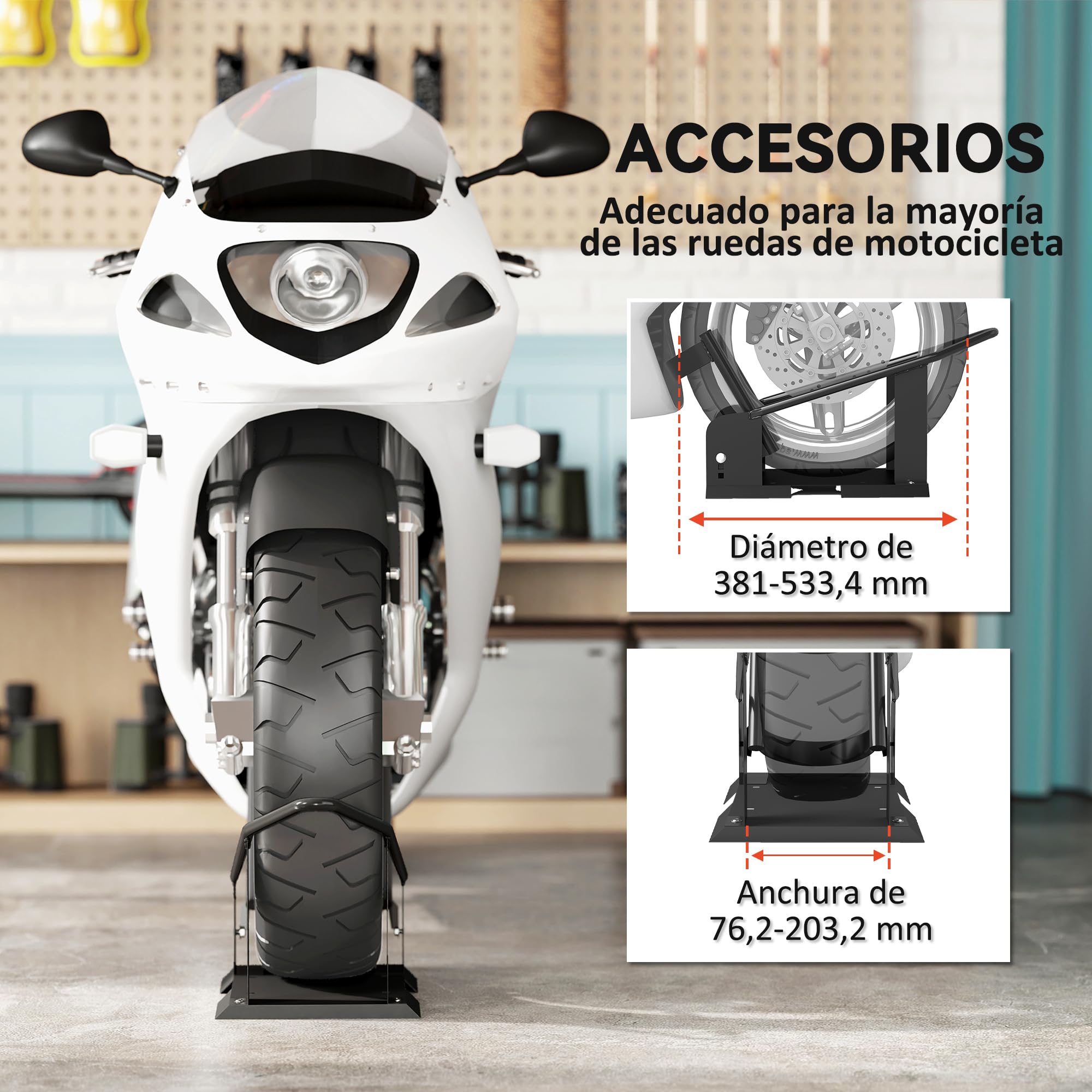 HOMCOM Caballete de Moto Delantera Carga 816,5 kg Robusta 3 Niveles Negro | Soporte para Rueda Delantera de Motocicleta, Altura Ajustable, para Ruedas Ø38,1-53,34 cm