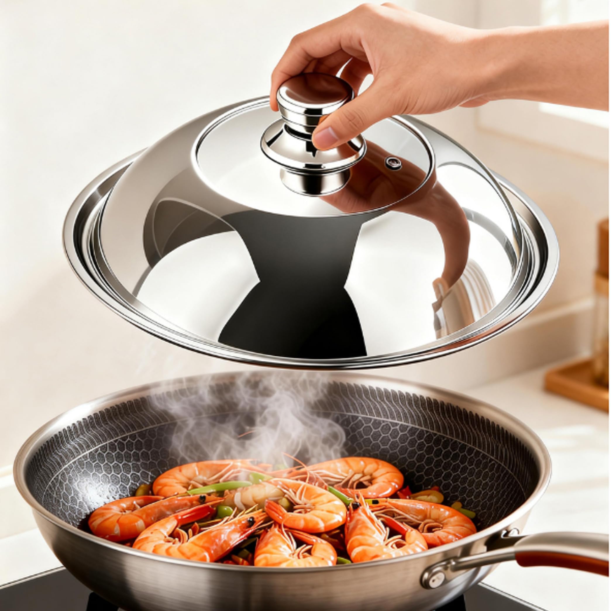 Tapa para olla, cubierta para rociar cúpula alta, plateada, 32 cm | Acero inoxidable, cúpula alta, apto para woks y sartenes, chefs caseros