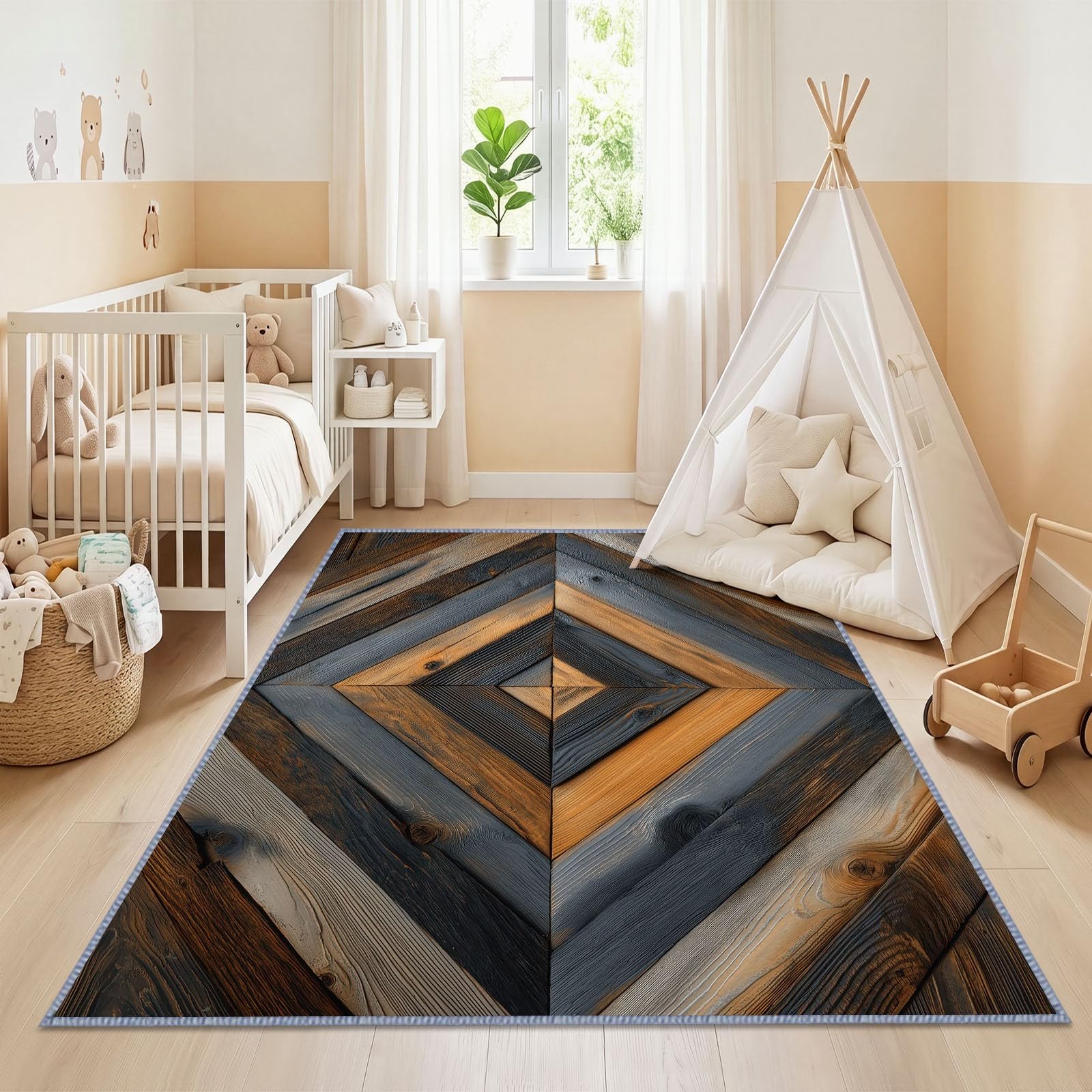 Tapis Salon Rustique Naturel Lavable 120 x 170 cm, Tapis à Poils Courts Motif Veinage du Bois Losanges Géométriques Antidérapant Doux Idéal pour Salle À Manger Chambre d'enfant Bureau