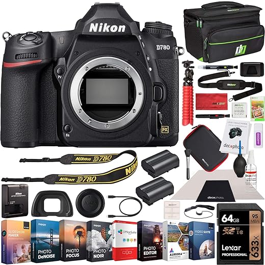Nikon D780 Full Frame DSLR Digital SLR 4K FX Format Camera Body Bundle with Photo and Video Professional Editing Software Kit, Deco Gear Camera Bag, 2X Rechargeable Battery, 64GB Card & Accessories