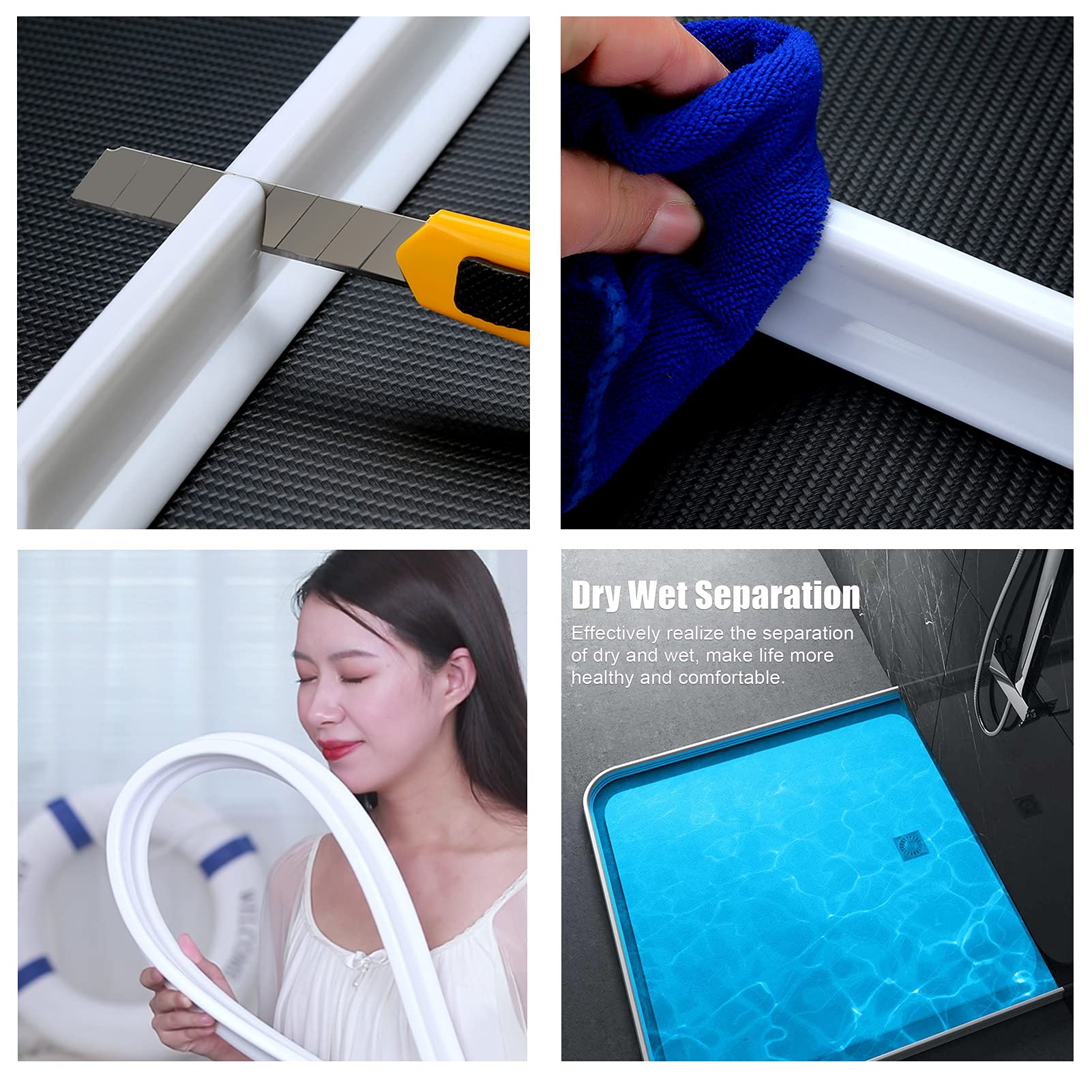Barrera de Agua de Silicona Umbral de Ducha para Separación Húmeda y Seca,Tira Impermeable de Silicona/Sistema de fijación de Parada de Agua,Evita el desbordamiento del Agua,Negro,300cm/118in