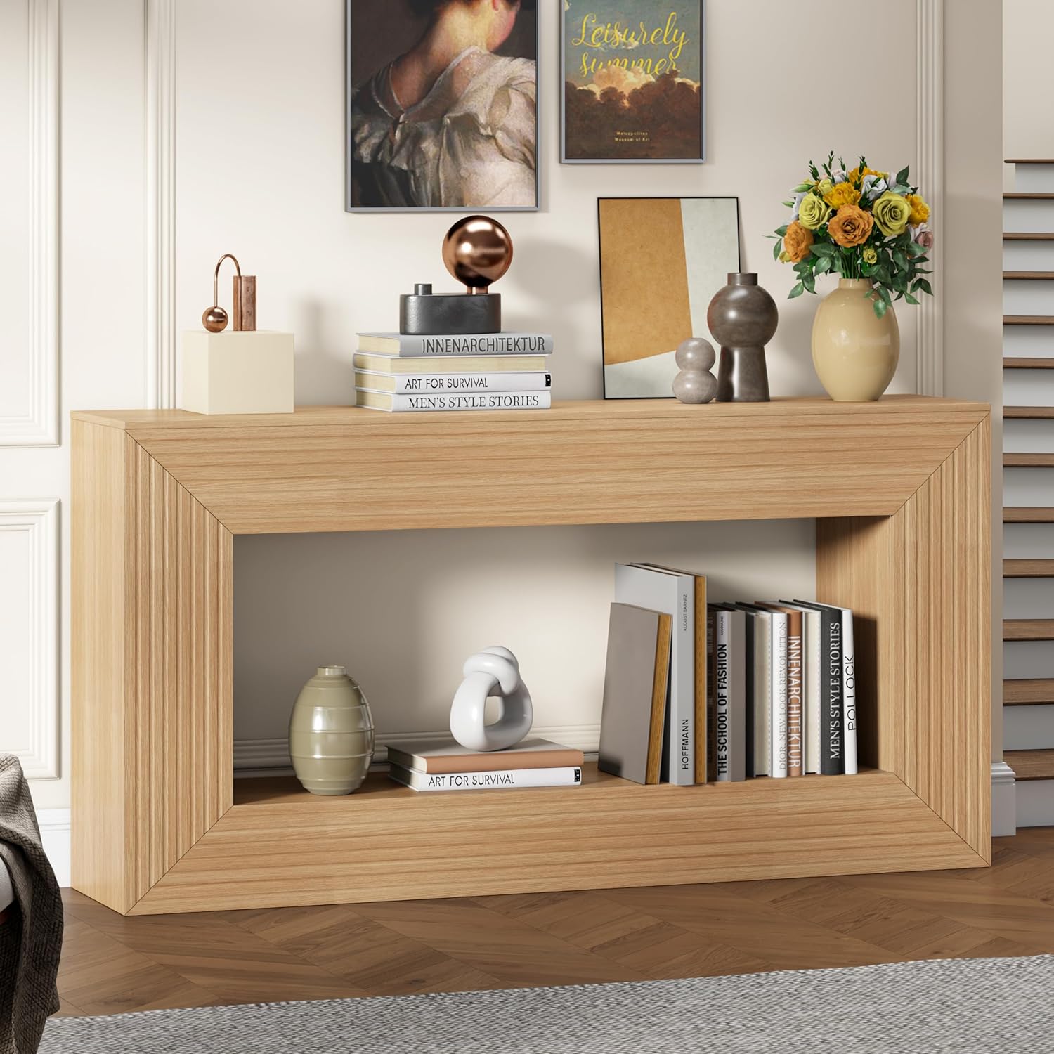 Fluted Console Table for Entryway, 55” Long Modern Entry Tables, Rectangular Sofa Table Behind Couch, Narrow Accent Tables for Hallway, Entrance, Foyer, Living Room (Natural)