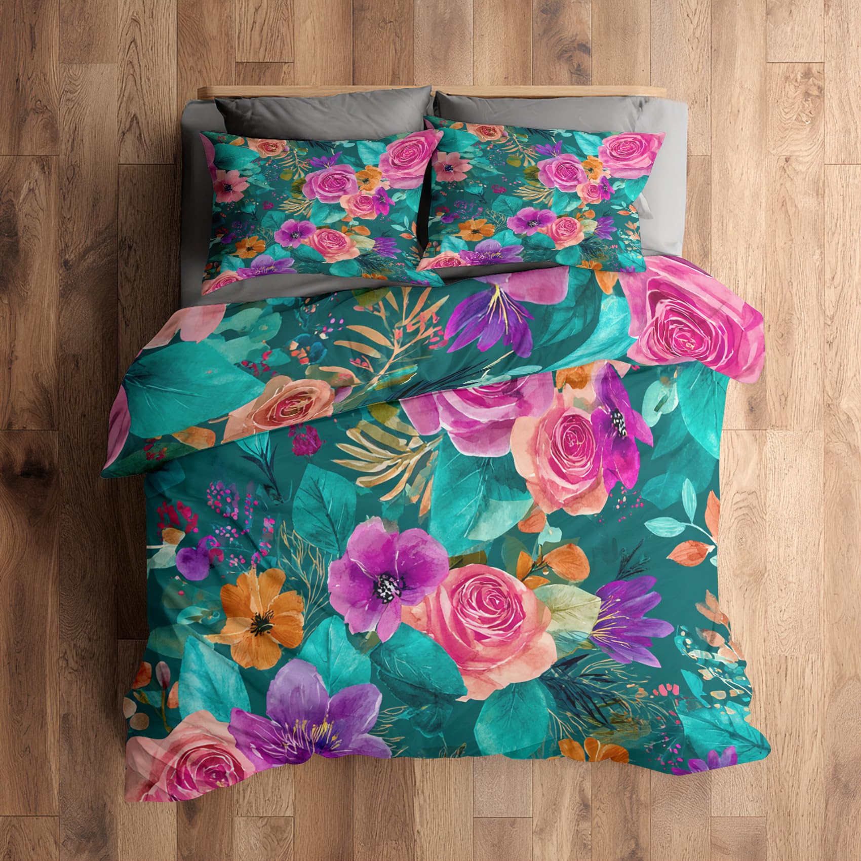 Parure de lit 2 personnes 200x200 housse de couette fleurs aquarelle microfibre