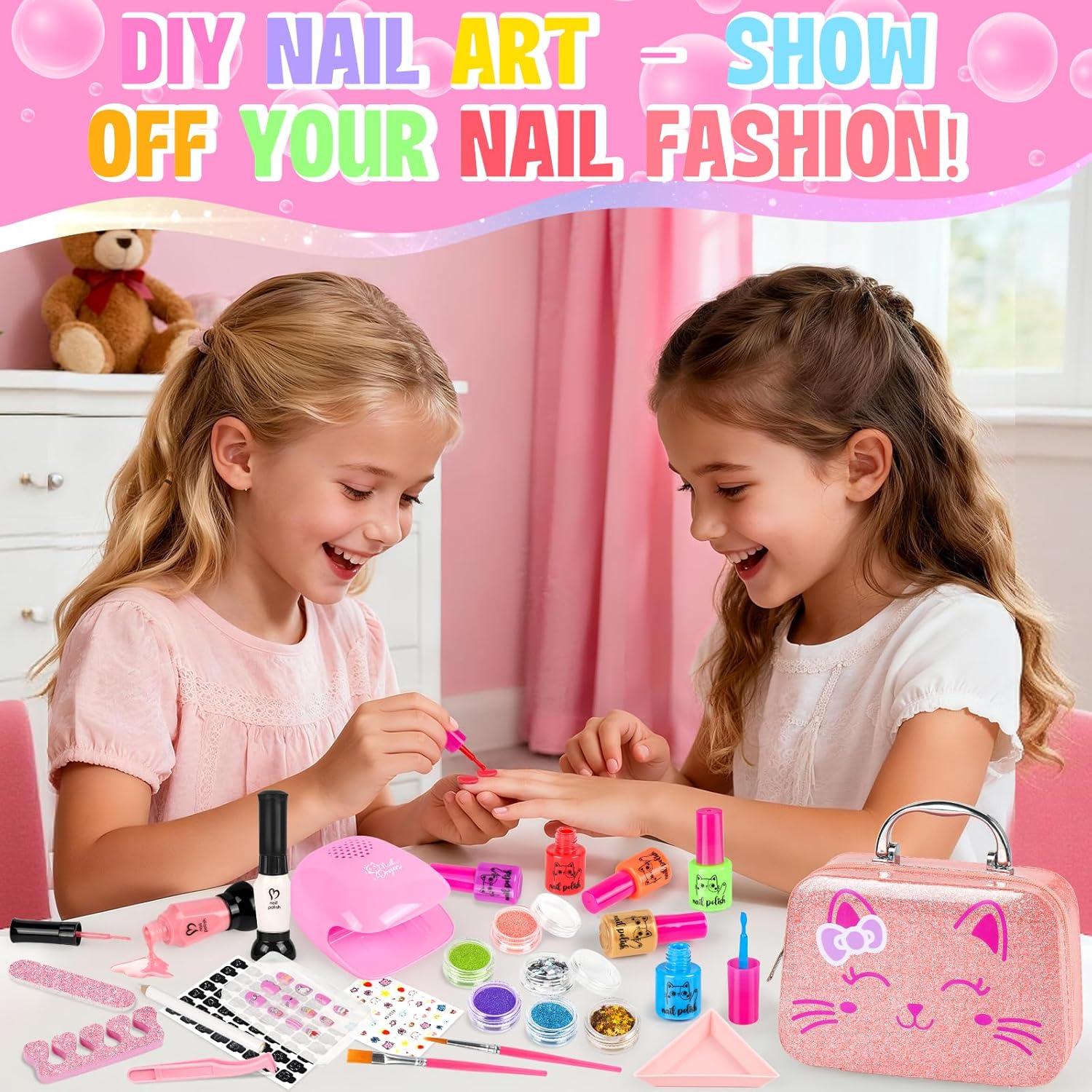 Kids Nail Polish Set for Girls, 27Pcs Nail Art Kit with Nail Dryer & Storage Case, Non-Toxic Peel-Off Water-Based Nail Polish, Christmas Birthday Gifts Toys for Toddlers Kids Girls Age 8 9 10+ - Image 5