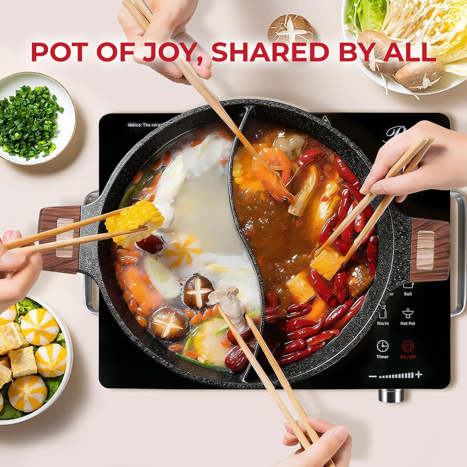 Rosewill 4.2QT Double Flavor Non-Sticking Shabu Shabu Hot Pot with Divider, 13 inch Divided Stockpot for Cooking, Hot Pot for Induction Cooktop & Gas Stove, Electric Burner - Dark Gray