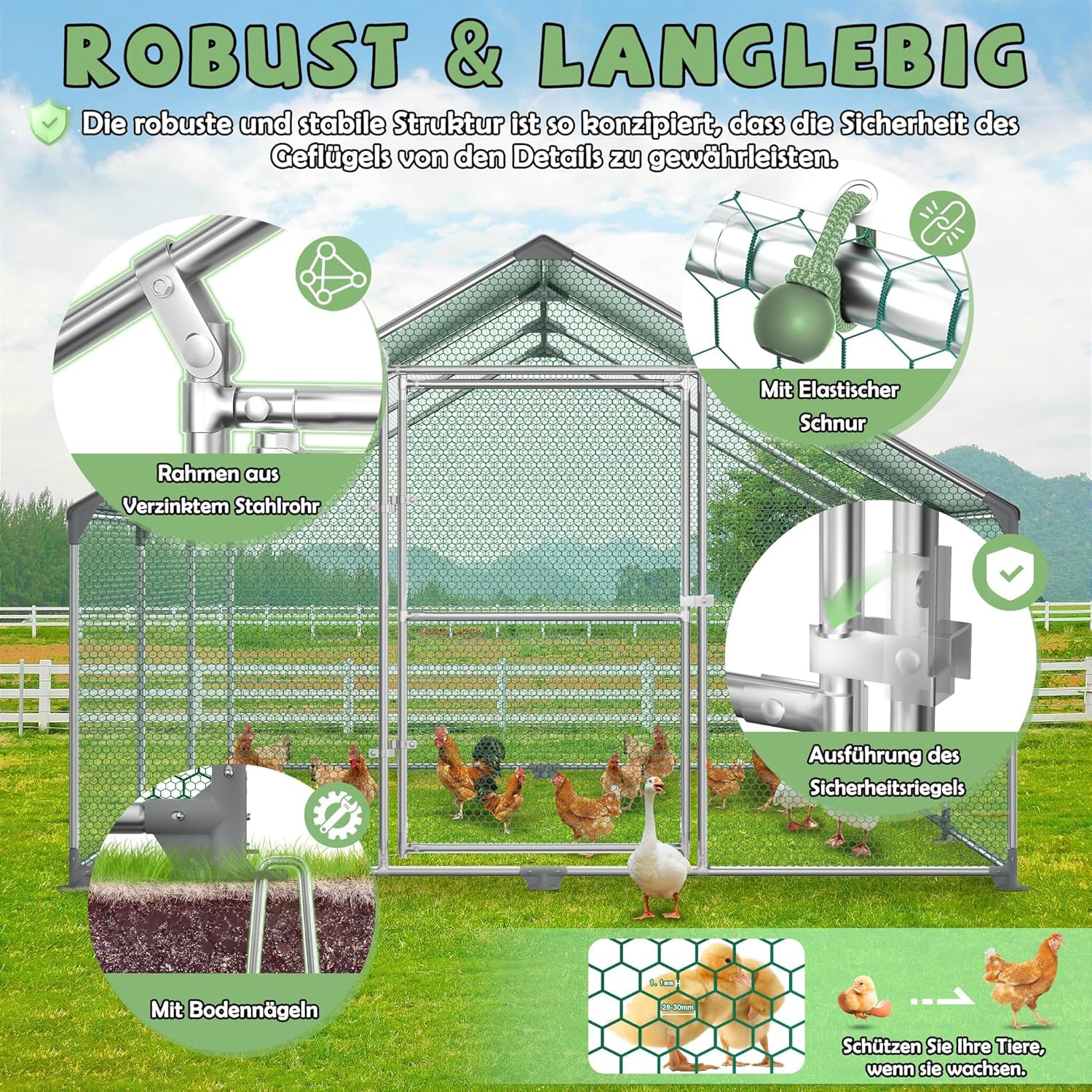 ACXIN 3 x 8 x 2m Hühnerstall mit Tür Schloss Hühnerstall Beschichtetes PE-Schattendach Freilaufgehege Verzinkter Stahlrahmen Hühnerhaus für Hühnerkäfig Geflügelstall Vogelkäfig Kleintiere