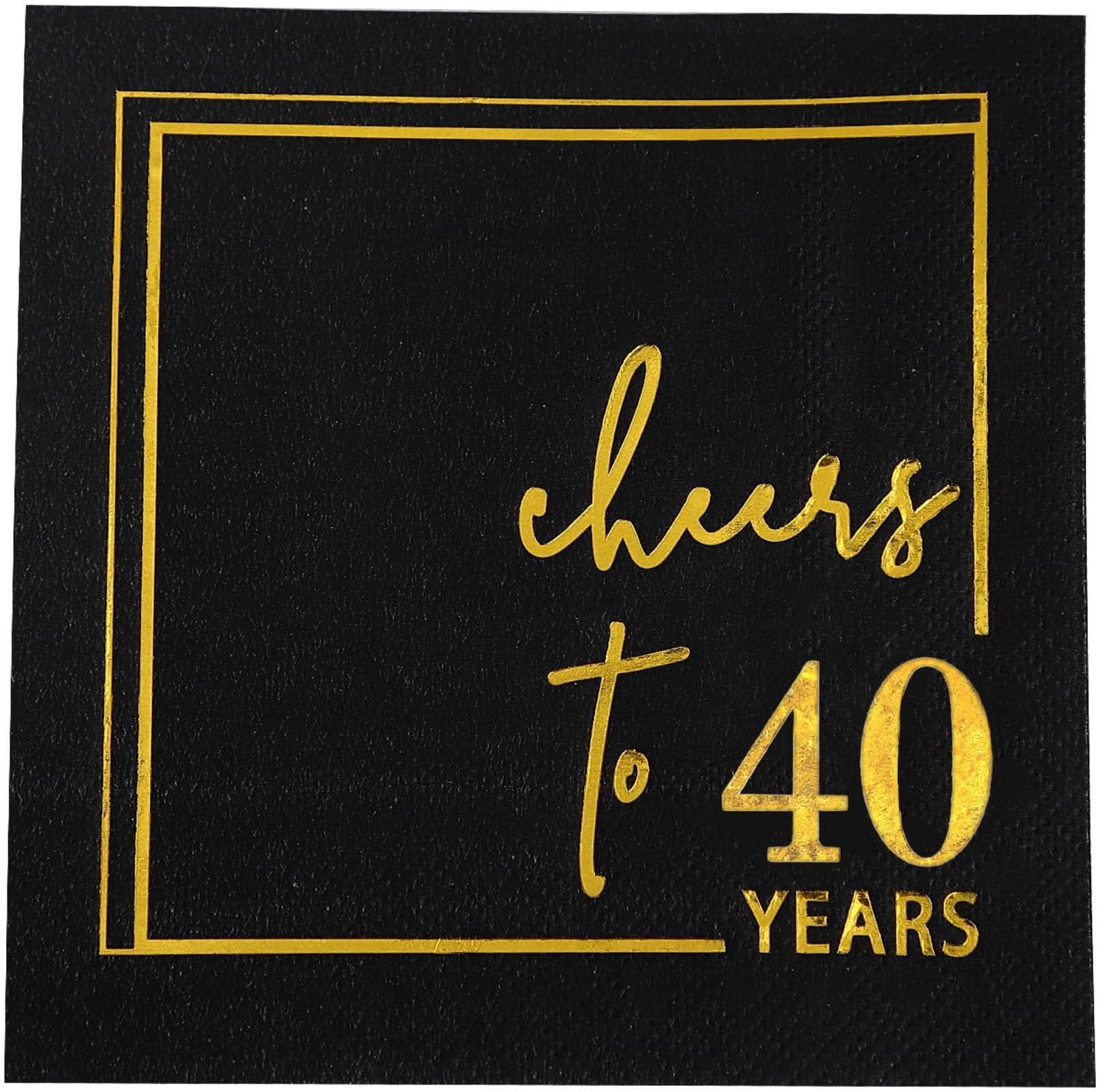 Cheers to Years Cocktail Napkins - 50PK - 3-Ply Birthday Napkins 5x5 Inches Disposable Party Napkins Paper Beverage Napkins for Birthday Decorations Wedding Anniversary Black and Gold (40 Years)