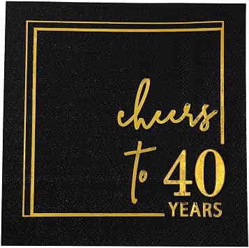 Cheers to Years Cocktail Napkins - 50PK - 3-Ply Birthday Napkins 5x5 Inches Disposable Party Napkins Paper Beverage Napkins for Birthday Decorations Wedding Anniversary Black and Gold 40 Years