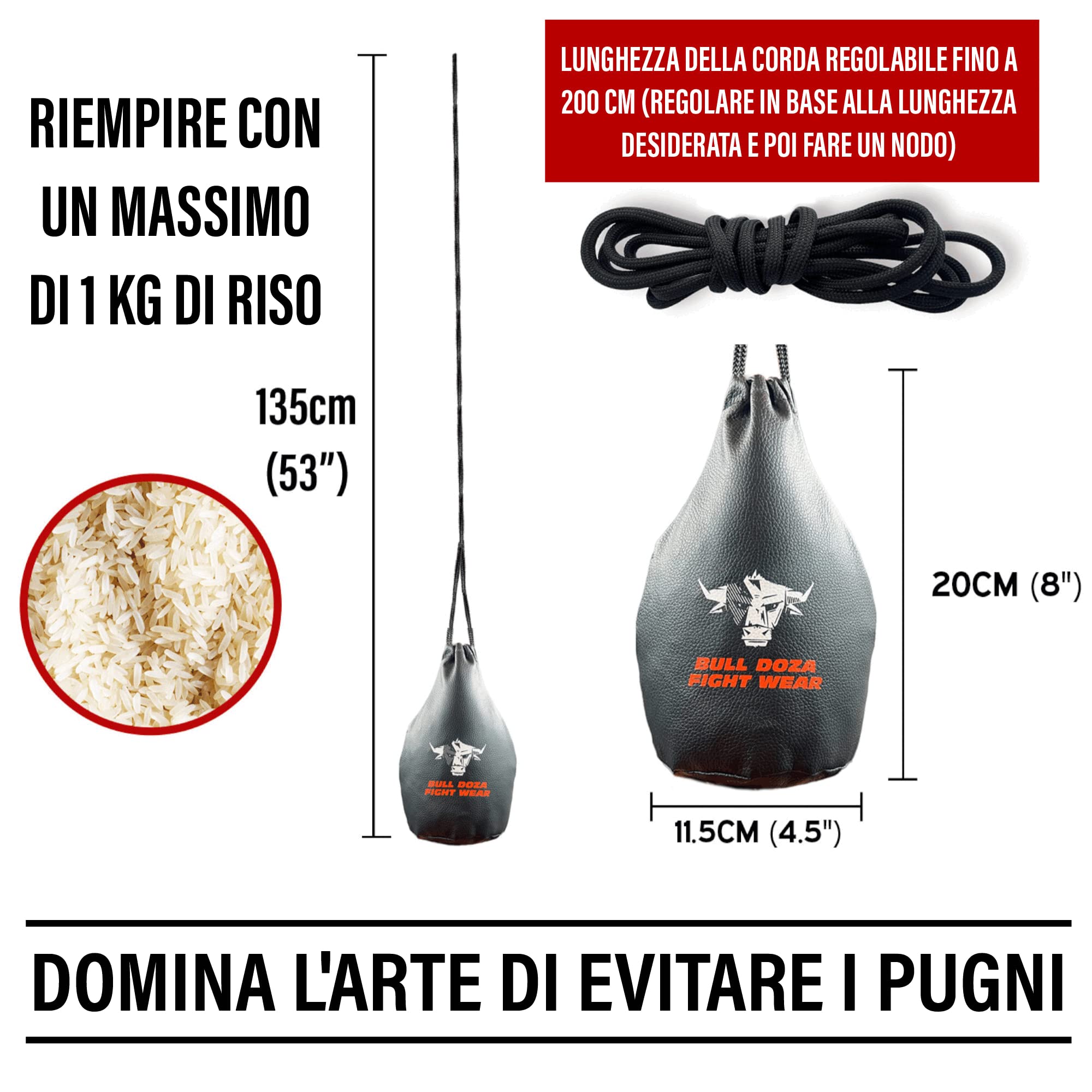BULL DOZA FIGHT WEAR Sacco di reazione Slip - Larghezza pugno - 1 kg una volta riempito - Corda di 2 metri inclusa - Sacco da boxe MMA - Nero - Sacco da difesa n. 1 (non da boxe) (Nero)(M)