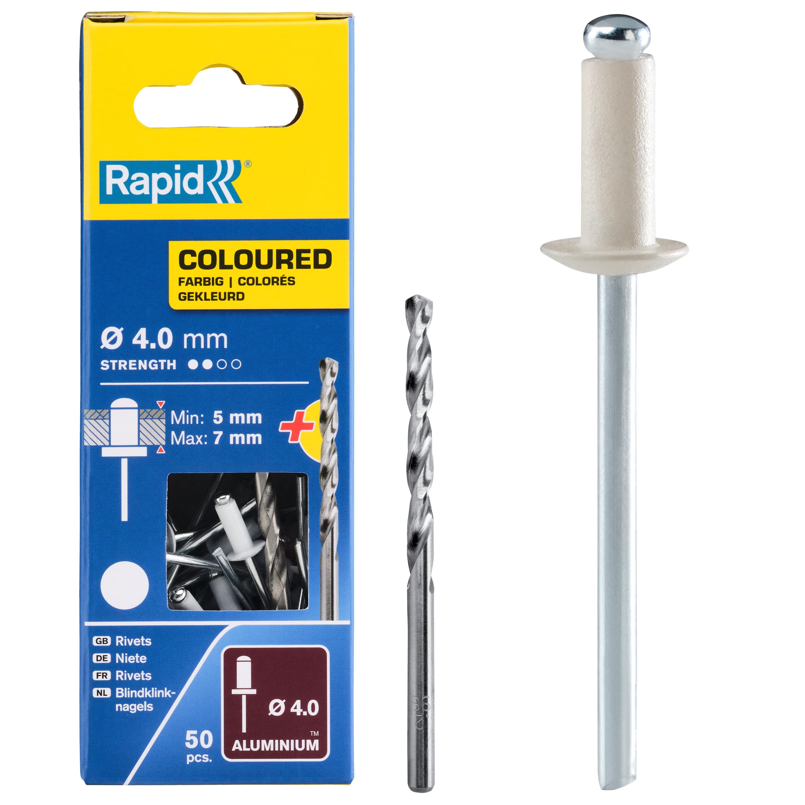 Rapid Scatola da 50 Rivetti in Alluminio da Ø4 x 10 mm, Adatti a Fissare Grondaie, Tubazioni e Lamiere, Include Punta per il Trapano - Bianco (5001463)