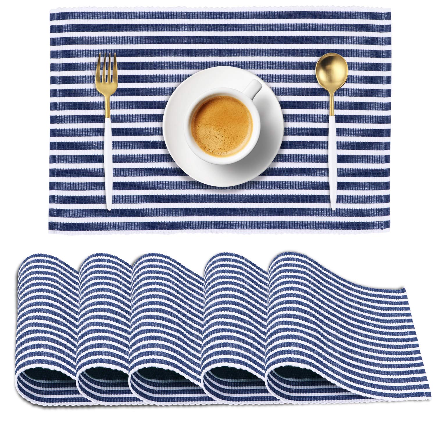 HOKIPO Blue Ribbed Placemats & Table Runner -16