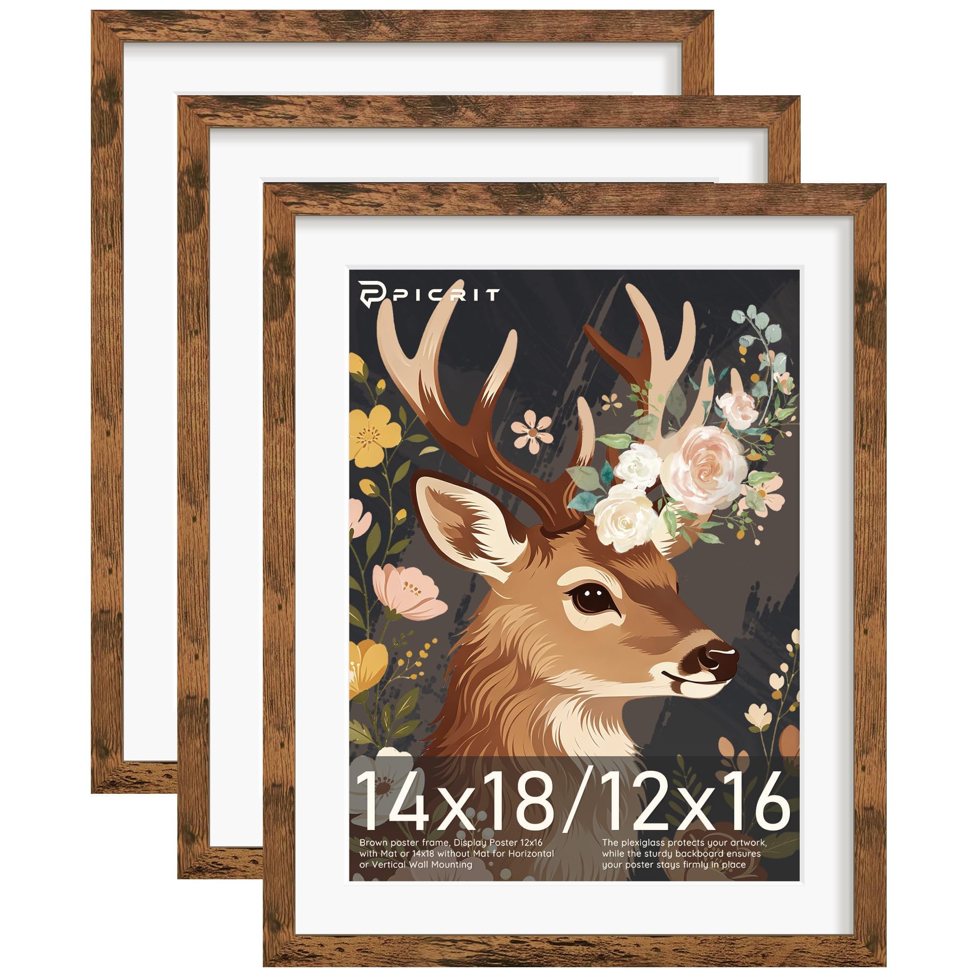 Picrit 14x18 Rustic Brown Picture Frame, Poster Frame for Wall, 3 Pack