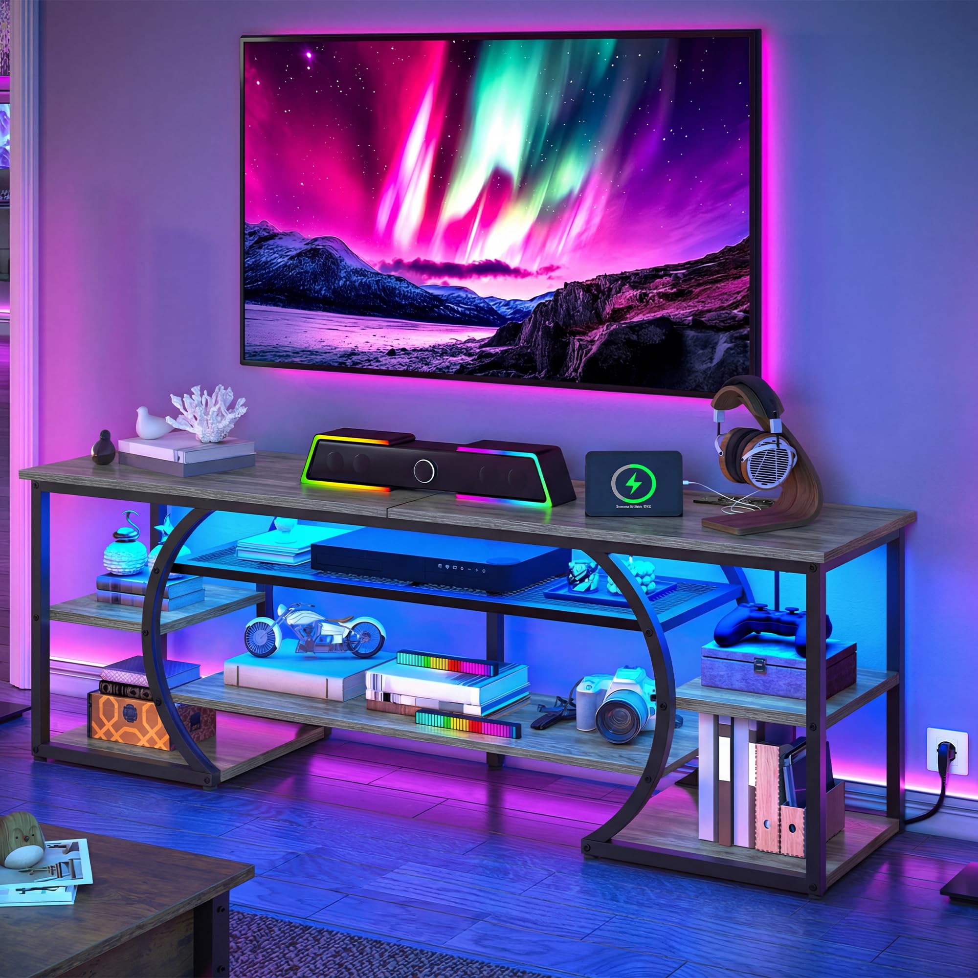 YITAHOME Meuble TV sur Pied de 160 cm avec 2 Prises AC et 2 USB pour téléviseur jusqu'à 70" avec 7 LED RVB 22 Modes d'éclairage Centre de Divertissement pour Salon et Chambre à Coucher Gris Rustique