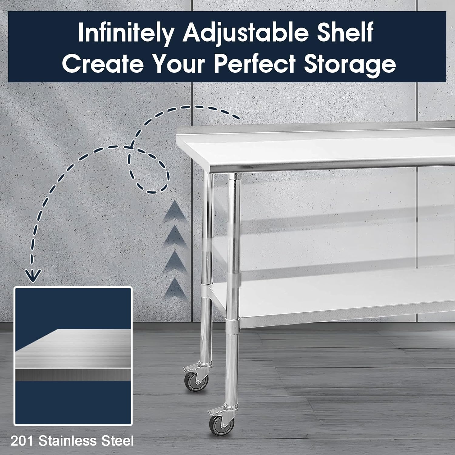 Stainless Steel Kitchen Prep Table with Wheels 24x36 Inches, NSF, Rounded-Corner, Backsplash, Adjustable Undershelf Work Table for Outdoor,Commercial,Restaurant (36" x 24")