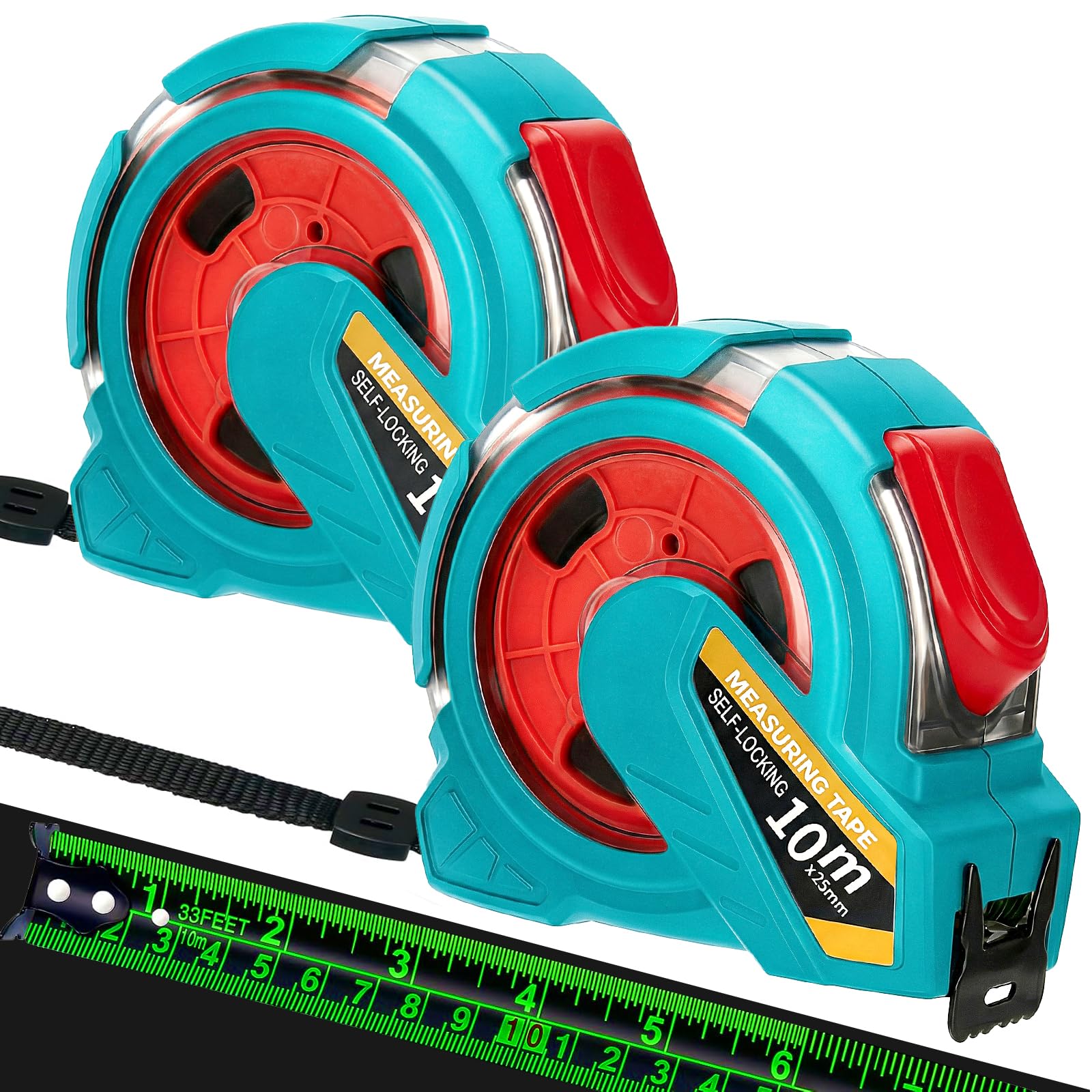 2 Pack 10M Tape Measure Heavy Duty, 25mm Wide Blade Retractable Tape Measure with Self Lock, Fluorescent Easy-Read Markings, Metric & Imperial Double-Sided for Carpentry & Construction