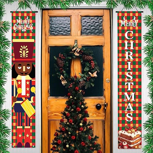 Miniatura 3 de Decoraciones navideñas para porche al aire libre, cascanueces para puerta delantera, juego de letreros de porche a cuadros rojos y verdes,