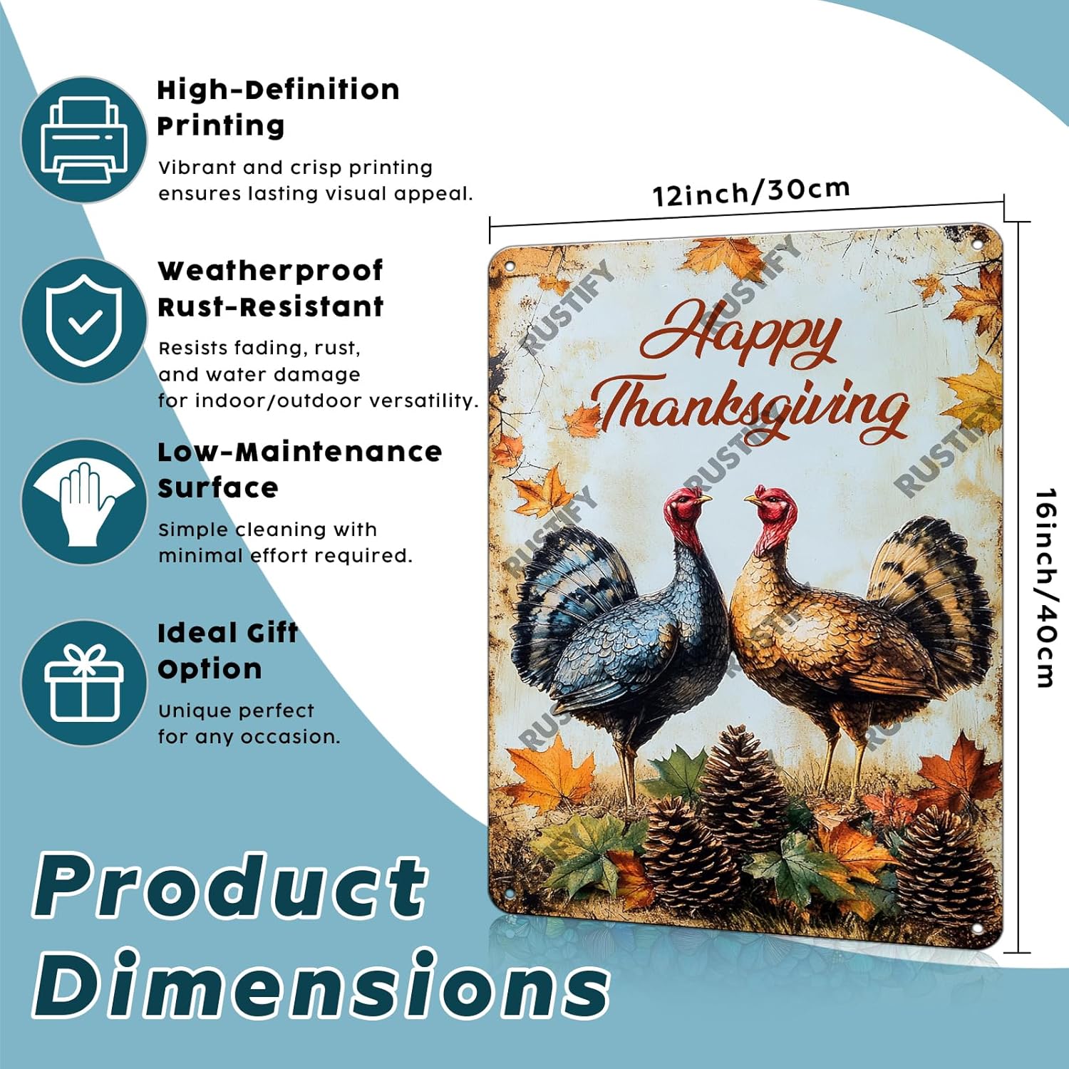 Metal Tin Signs Happy Thanksgiving Turkeys Tin Signs Aluminum Sign for Living Room Bedroom Bar Cafe Yard Garden Office Wall Decor 16x12 Inch
