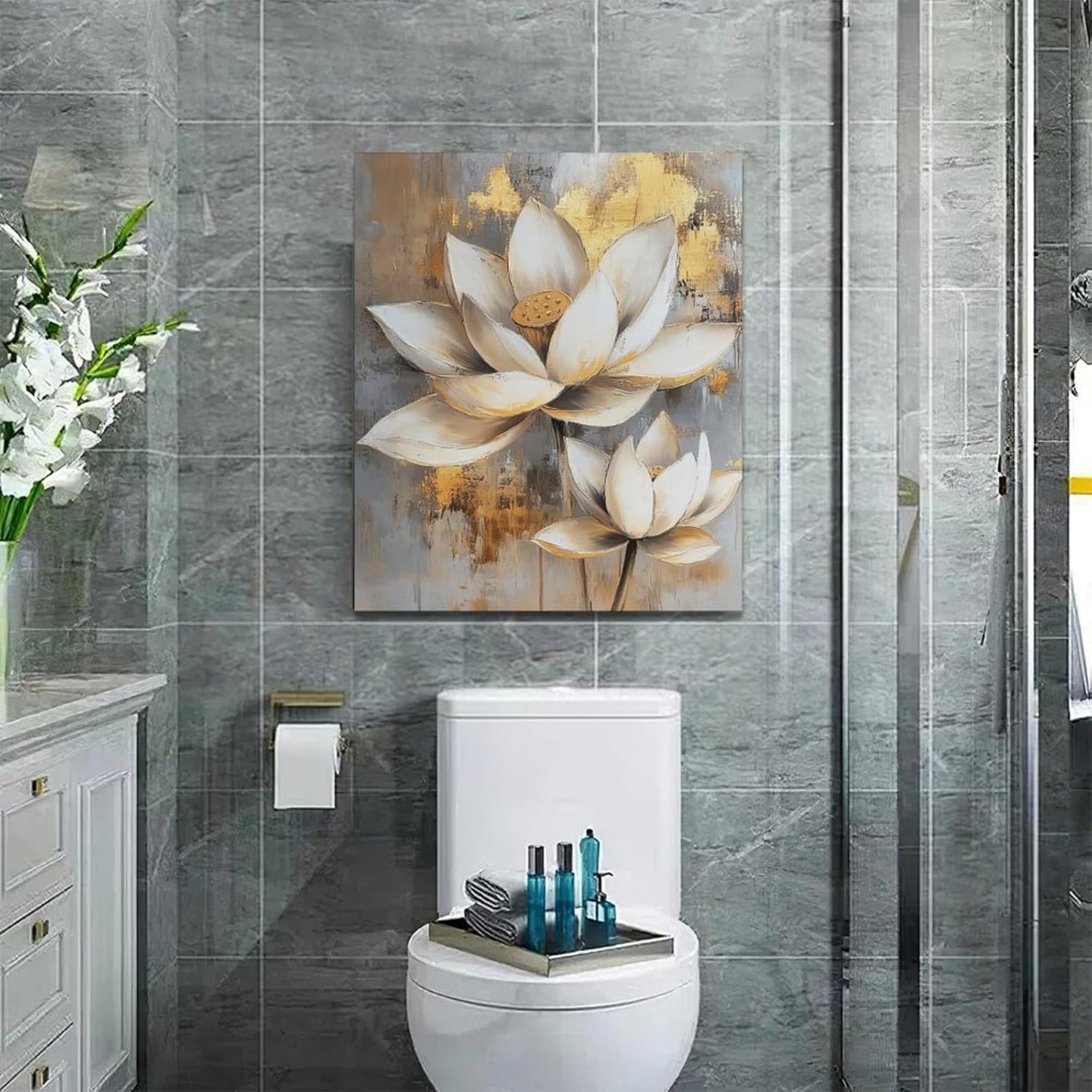 Olivine Zen Wall Art, Lotus Pictures Wall Decor, White and Golden Lotus Flower Bloom Painting Canvas Prints, Framed Artwork for Bedroom Bathroom Living Room Office Spa Meditation Yoga 24"x20"