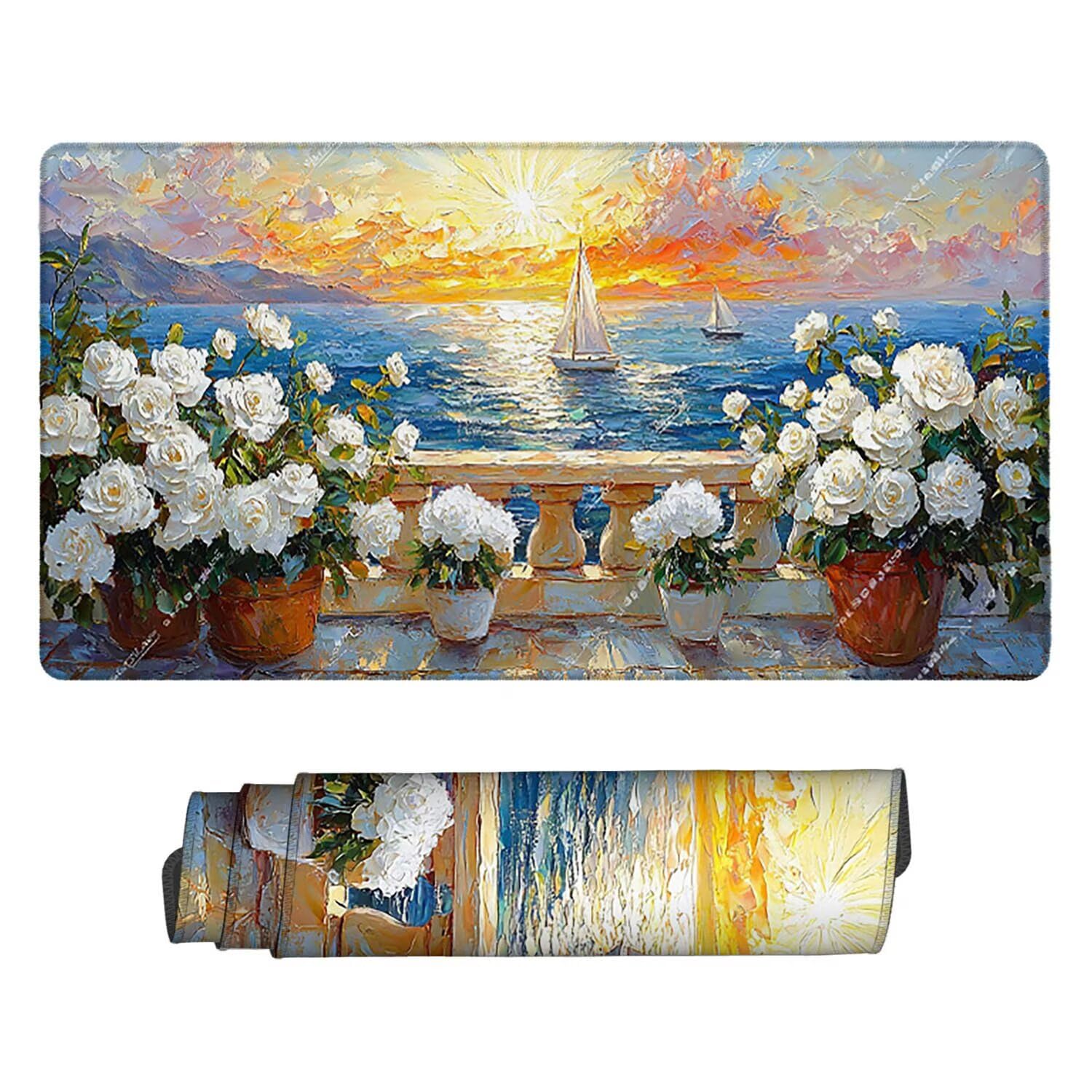Podkładka pod mysz XXL, 1000 x 500 x 3 mm, gamingowa podkładka pod mysz z przyszytymi krawędziami, wodoodporna, z gładką powierzchnią, z widokiem na morze, róże, podkładka pod mysz do wszystkich typów