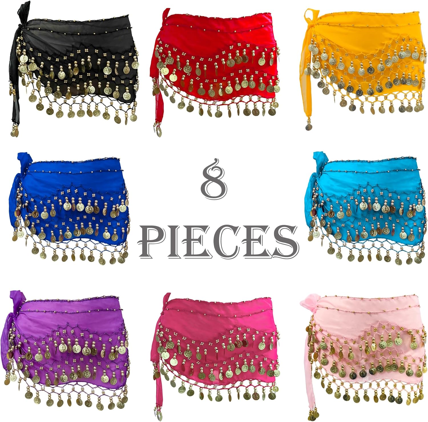 8Pcs Belly Dance Hip Scarf For Women 128 Gold Coins Belly Dancing Skirt Wrap Set Bling Sequins Performance Costume Beaded Belt Outfits Accessories Waist Chains