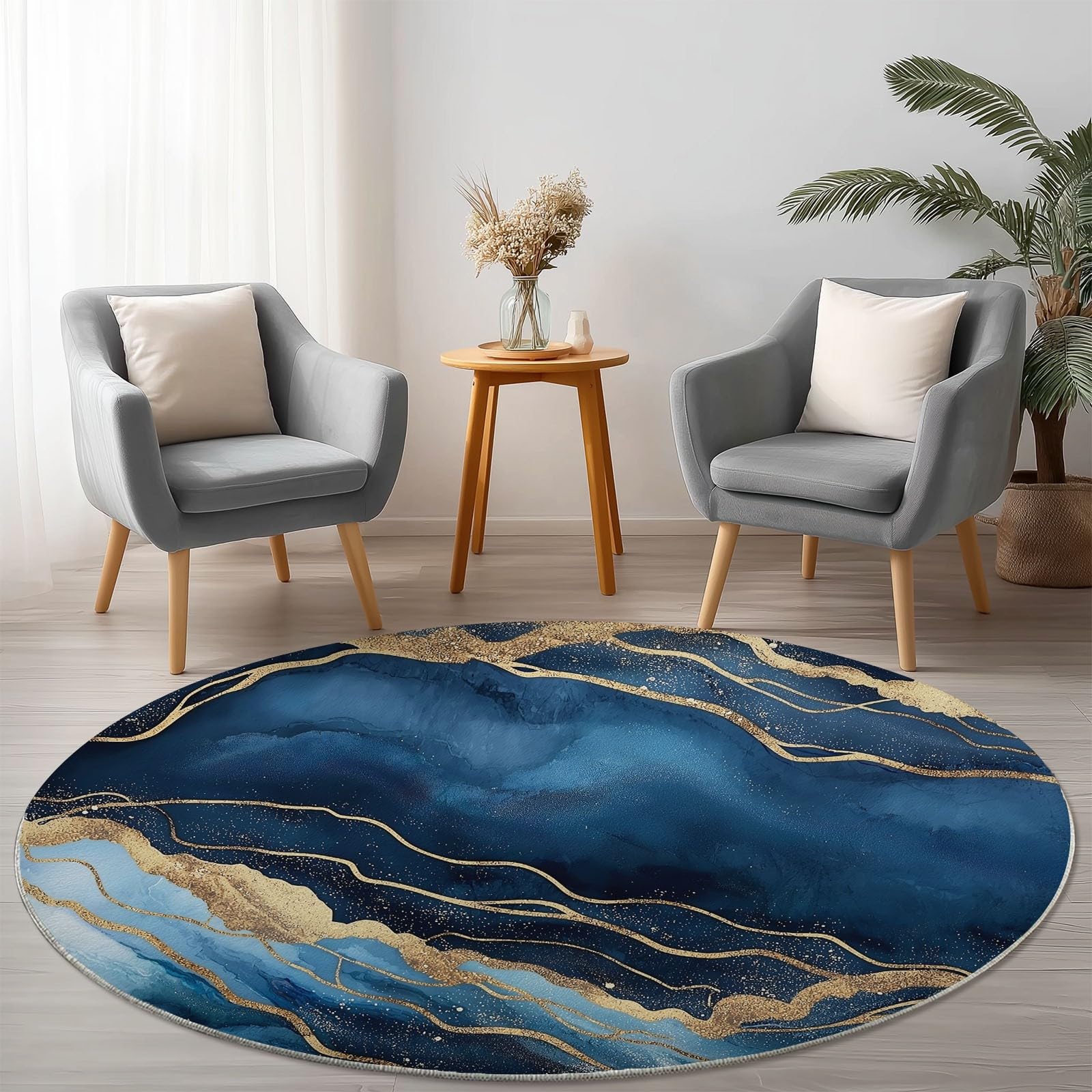 Générique Tapis Rond antidérapant à Motif Vagues Océaniques Abstraites, Lavable en Machine - pour Chambre à Coucher Salon Cuisine - Décoration d'intérieur - 150 cm Bleu Or