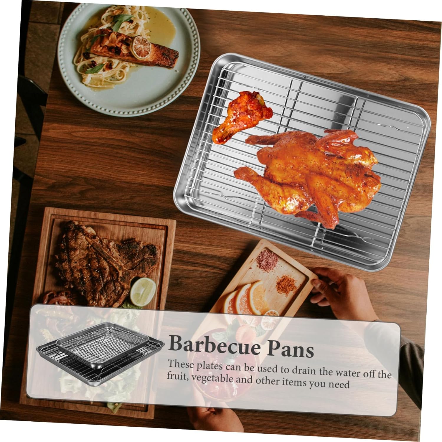 2pcs Stainless Steel Drain Pans Kitchen Rustproof Baking Sheets Rapid Drainage for Fruits Vegetables Barbecue