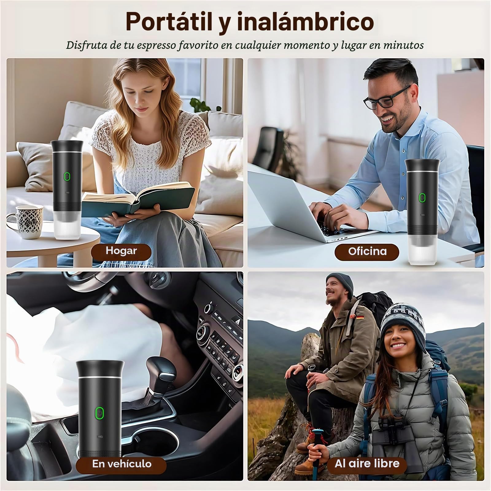 VHV Cafetera Portatil, Cafetera Portátil Cápsula de Espresso 3 en 1, Autocalentamiento de 2a6 Minutos, Para Cápsulas Pequeñas o Grandes y Café Molido,Cafetera Portátil para Oficina y Hogar (Blanco)