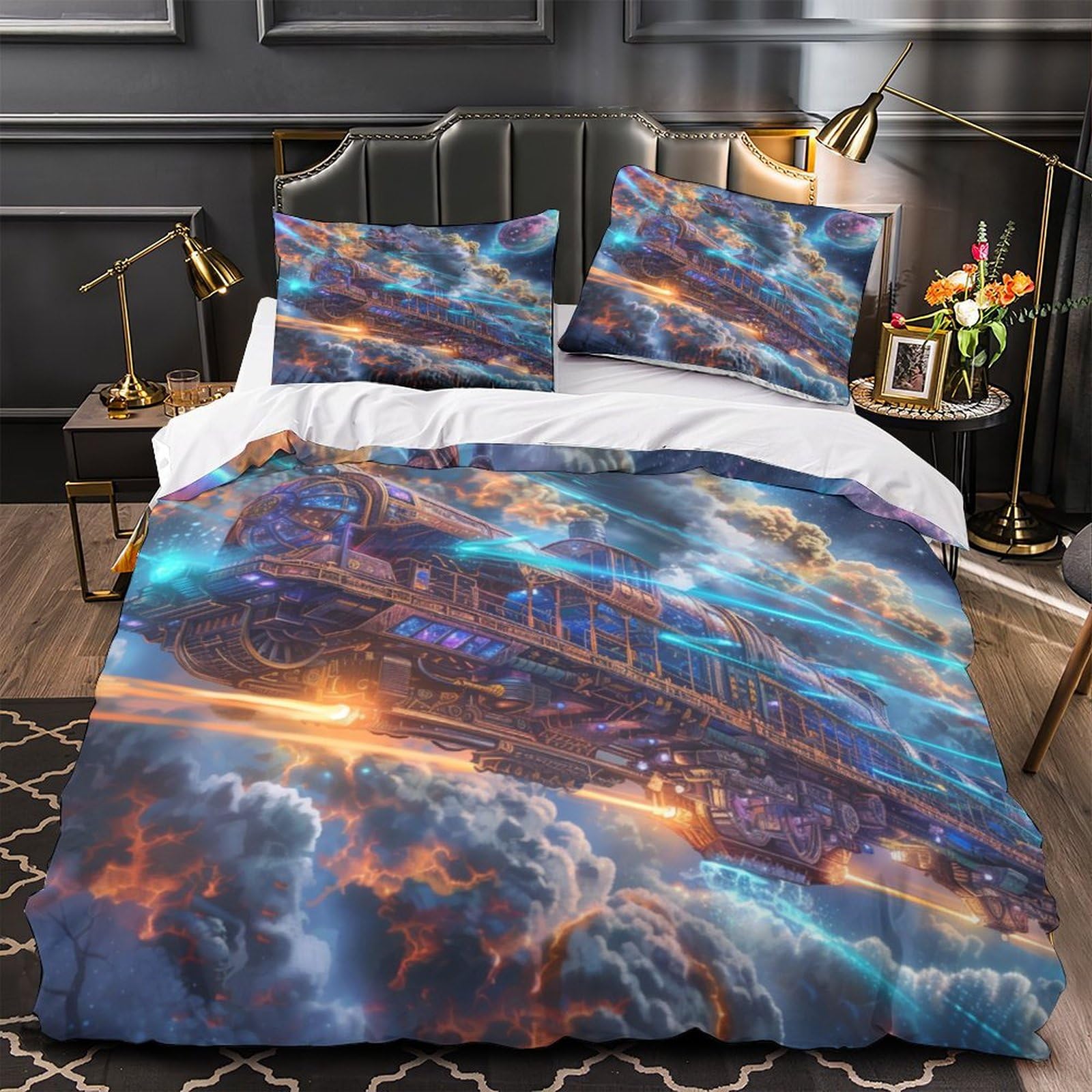 Stampato in 3D treno a vapore Copertina Stampata Microfibra Disegnata Set Di Biancheria Da Letto Ipoallergenico Con 2 Federe,Double（200x200cm）, Per Adolescenti E Adulti