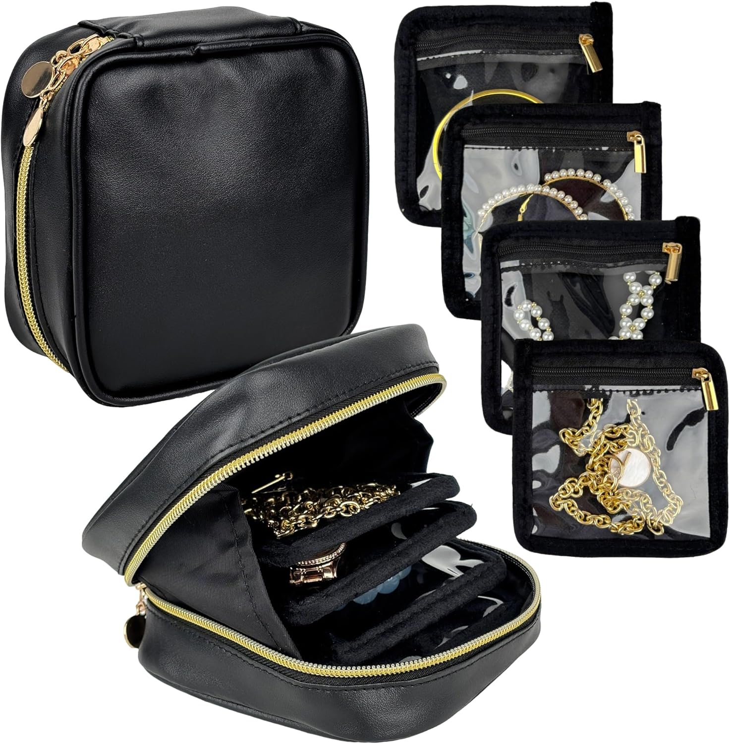 Travel Jewelry Case Small, Jewelry Organizers and Storage, Mini Travel Jewelry Bag with 8 Pcs Clear Zipper Velvet Pockets for Earrings, Rings, Necklace, Bracelet, Watch,Travel Essentials for Women