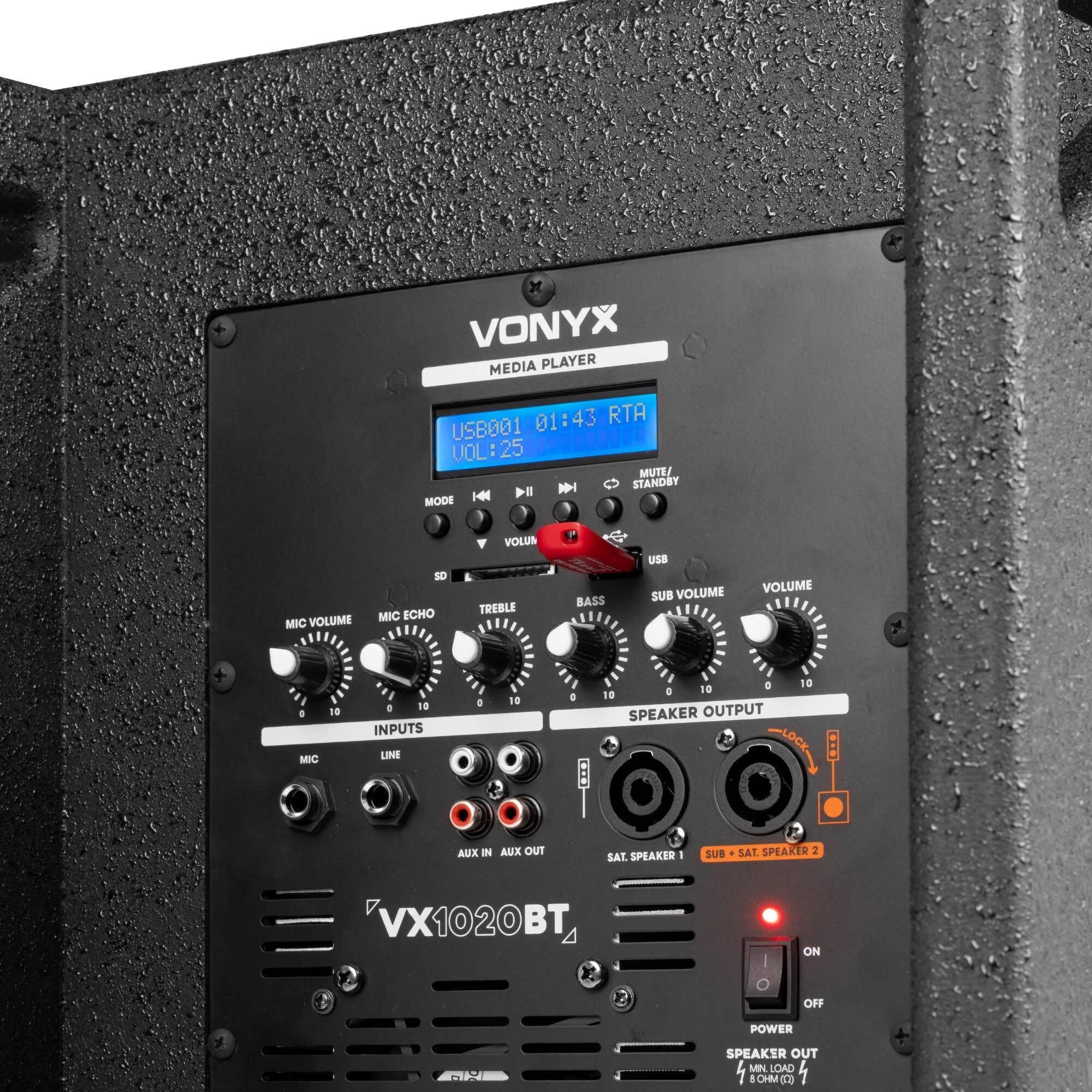 VONYX VX1020BT - Système de sonorisation Actif 1050W 2×10″ avec BT sans Fil, USB, Micro & télécommande - Idéal DJ, soirées et événements