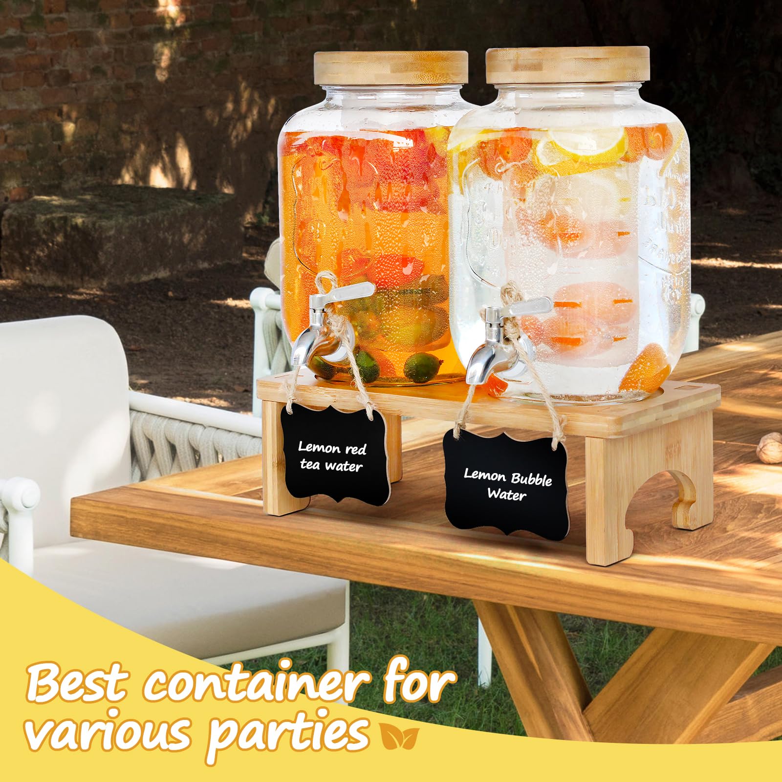 1 Gallon Drink Dispenser with Stand,2 Pack Glass Beverage Dispenser With Wood Stand, Stainless Steel Spigot and Labels Large Water Drink Dispensers for Parties, Lemonade,Juice, Tea