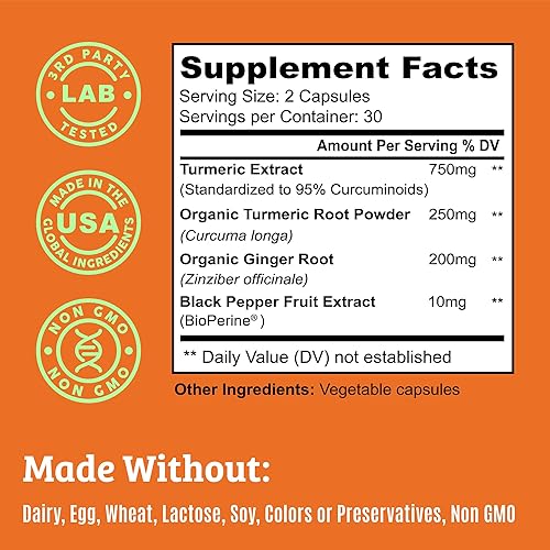 Miniatura 2 de Curcumina de cúrcuma con pimienta negra. Suplemento de cúrcuma y jengibre. 15 cápsulas de cúrcuma de alta potencia y absorción. Suplementos de