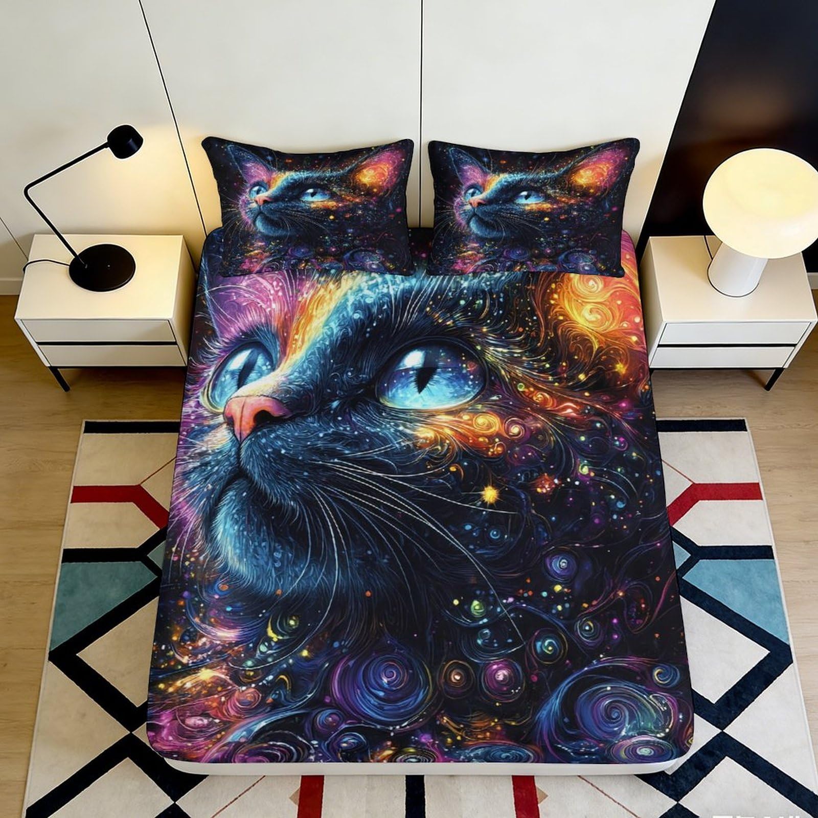 3D Printed Galaxy Starry Cat Fitted Sheet Microfiber Bedroom Decor Cosmic Nebula Mattress Cover for Home Dorm 180x200x25cm