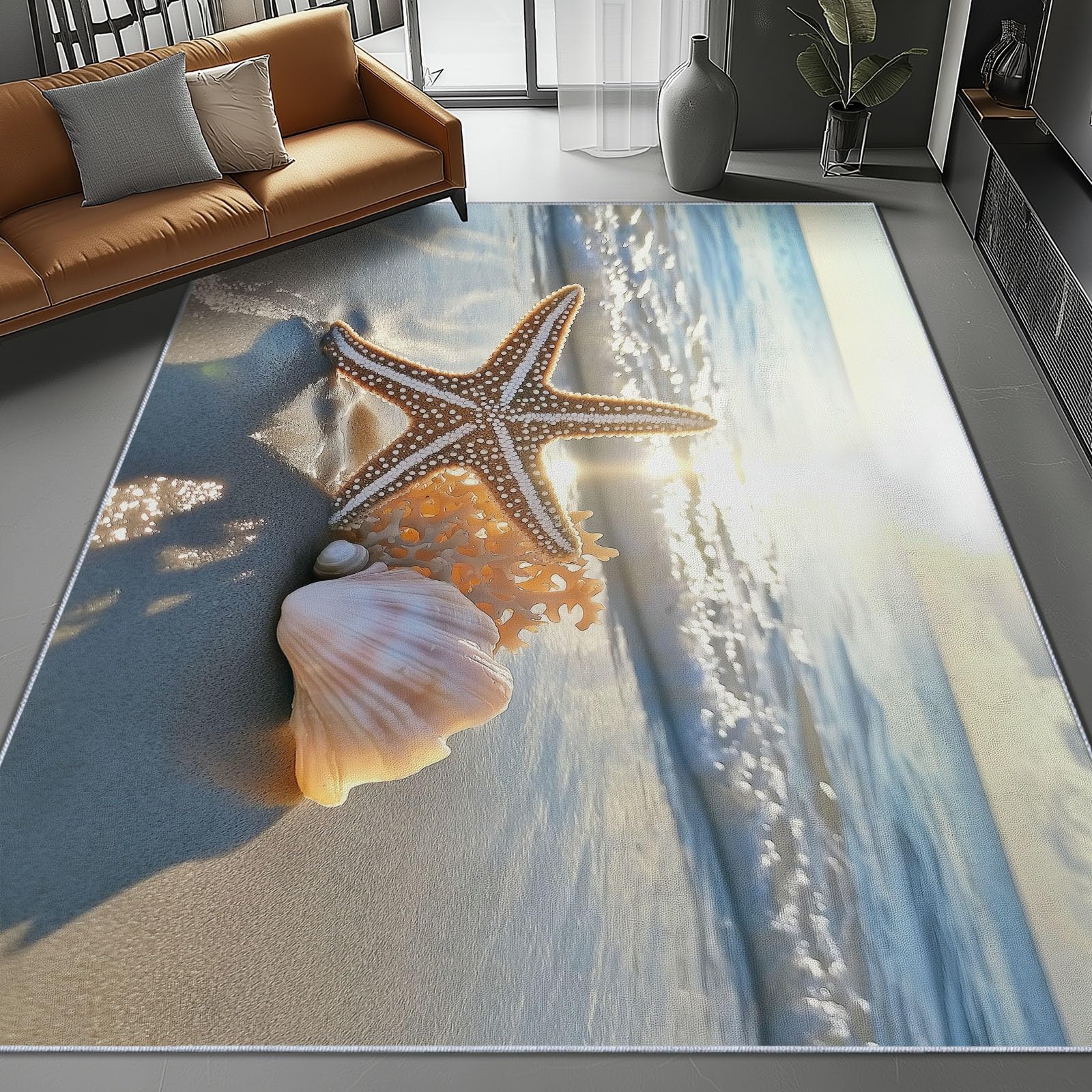 Tapis de chambre côtier 140x200 cm flanelle brun clair à motif plage et étoile de mer