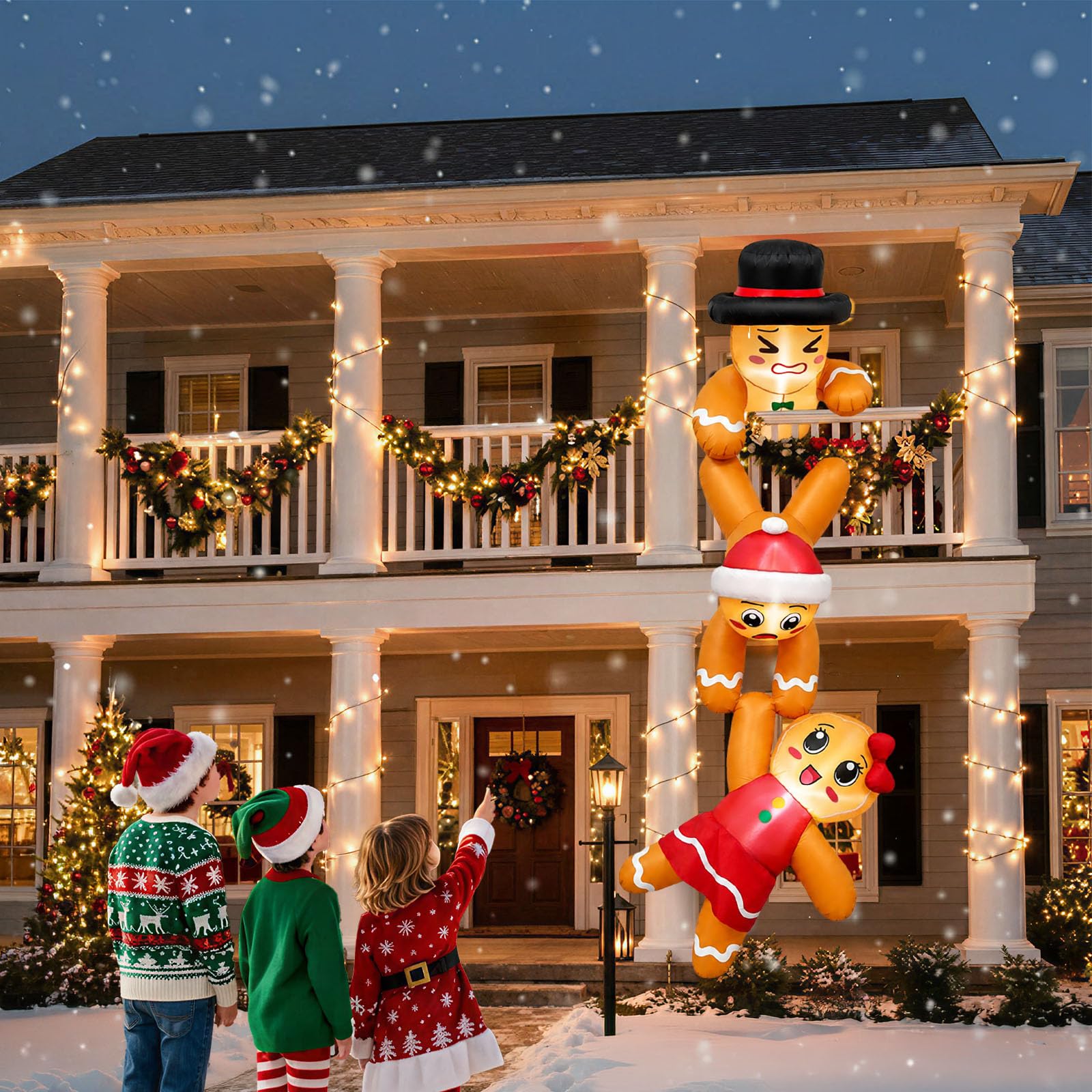 AerWo Décoration de Noël gonflable d'extérieur de 3,7 m, bonhomme en pain d'épices avec lumières LED pour Noël, maison, toit, arbre, avant-toit