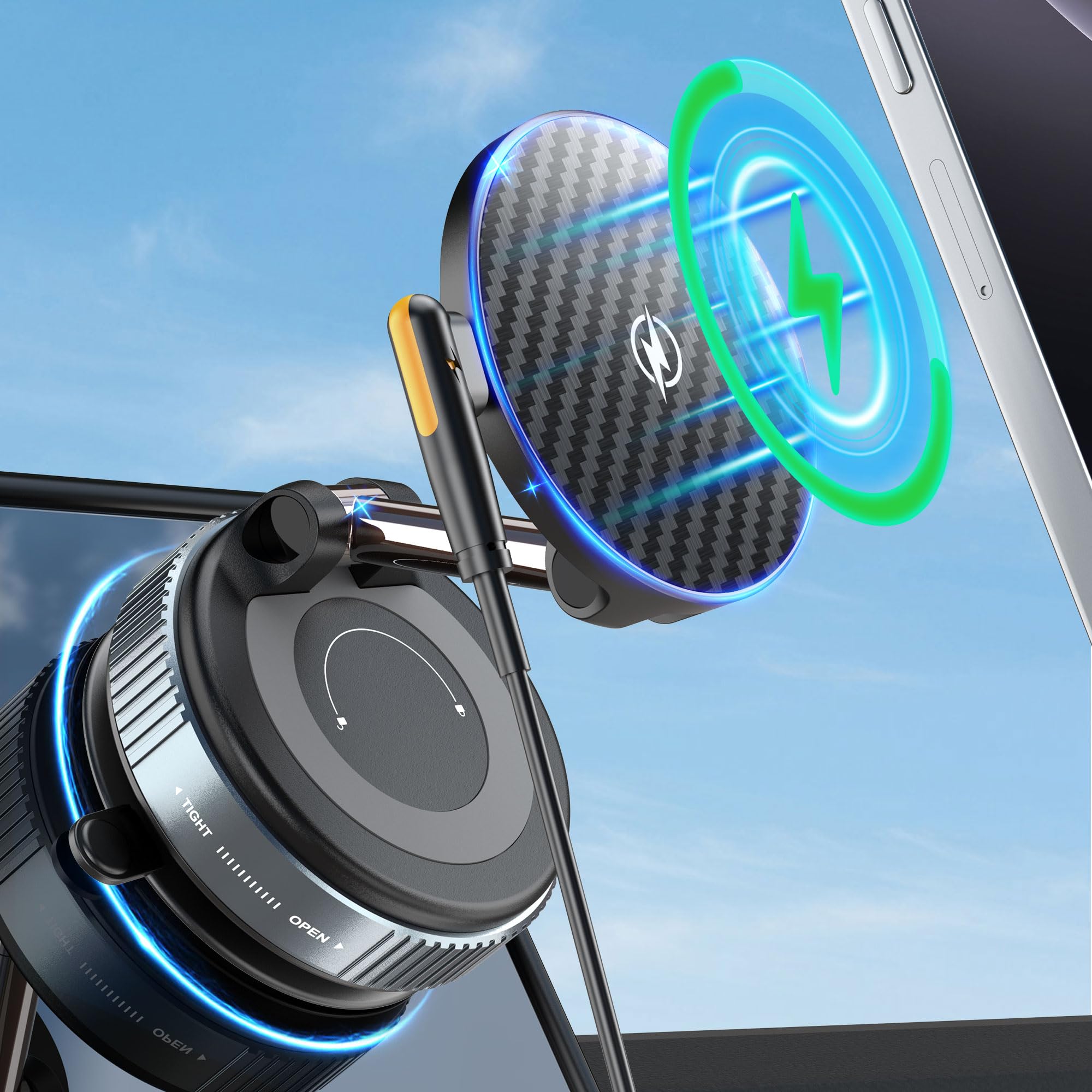 PlusAcc Supporto per cellulare per auto con funzione di ricarica – Ventosa girevole a 360° pieghevole magnetico per Magsafe iPhone 17/16/15/14/13/12 Samsung S20-S25 su parabrezza/cruscotto