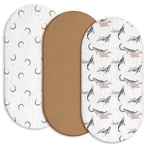 Gllquen Baby Muslin Bassinet Sheets 3 Pack, Breathable Elastic Cozy Fitted Cotton Bassinet Mattress Sheet for Baby Boy Girls, Fit for Hourglass Oval Rectangular Cradle Pad Sheets 33"x17" (Whale)