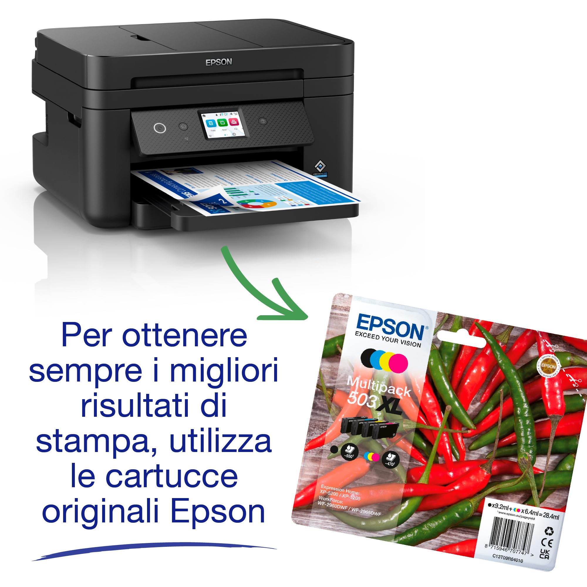 Epson Workforce WF-2960DWF Stampante Multifunzione A4 a getto d'inchiostro, Display Touch 6.1", ADF, WiFi, Ethernet, AirPrint, Nero