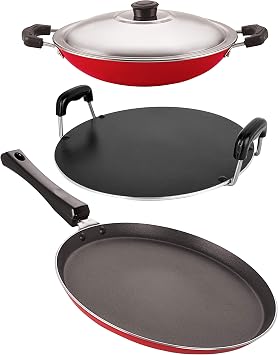 Nirlon Non-Stick Odor Free 3 Piece Gas Compatible Cookware Utensil Combo Gift Set with Bakelite Handle, Red and Black Color